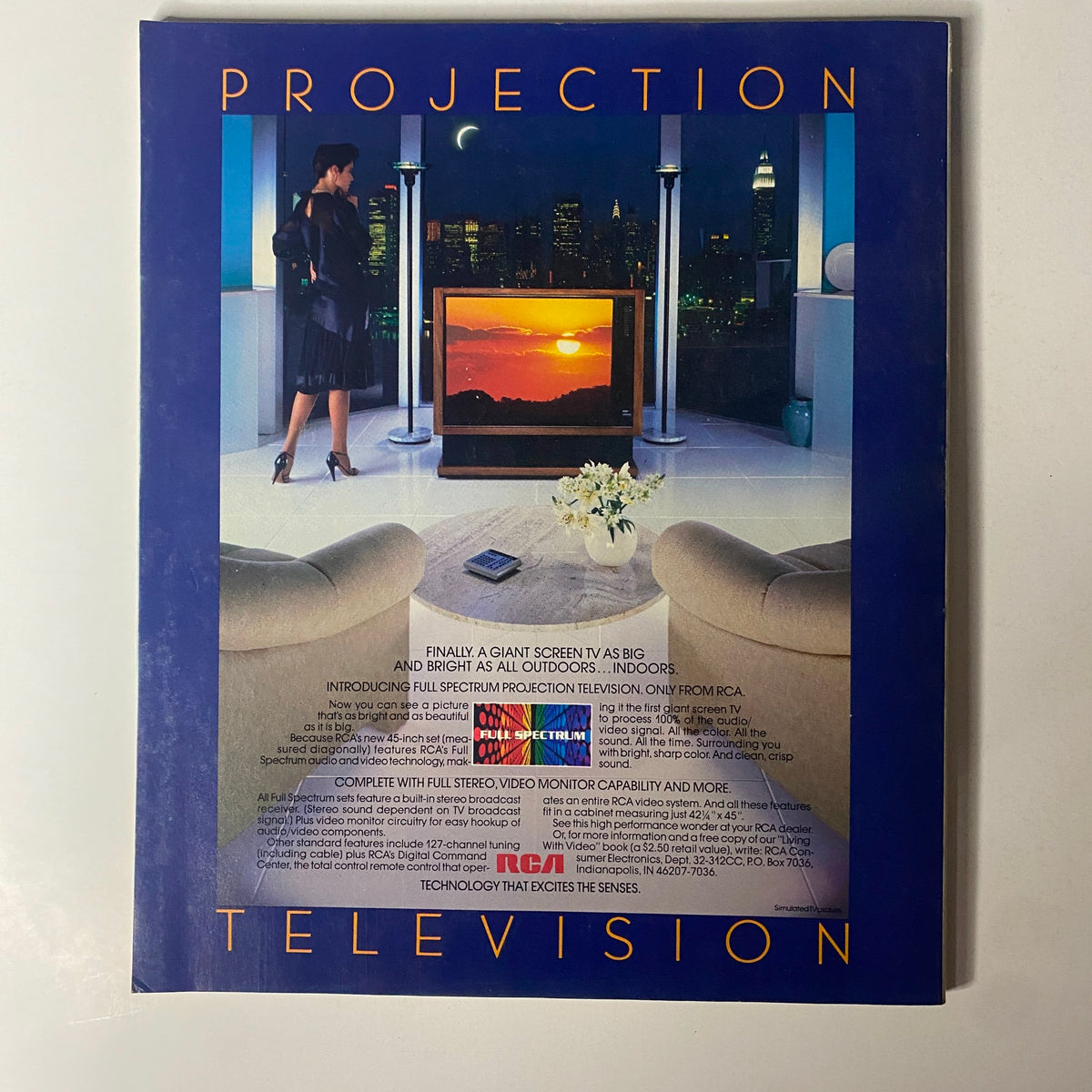 Back cover of Fortune Magazine from October 29, 1984, promoting RCA's full spectrum projection television, featuring a woman beside a large screen TV with a city skyline backdrop.