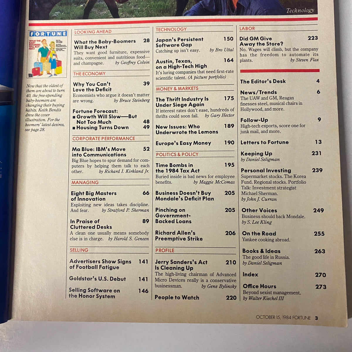 Table of contents from Fortune Magazine October 15, 1984, featuring articles on baby boomers' buying habits, technology, labor issues, and corporate performance.