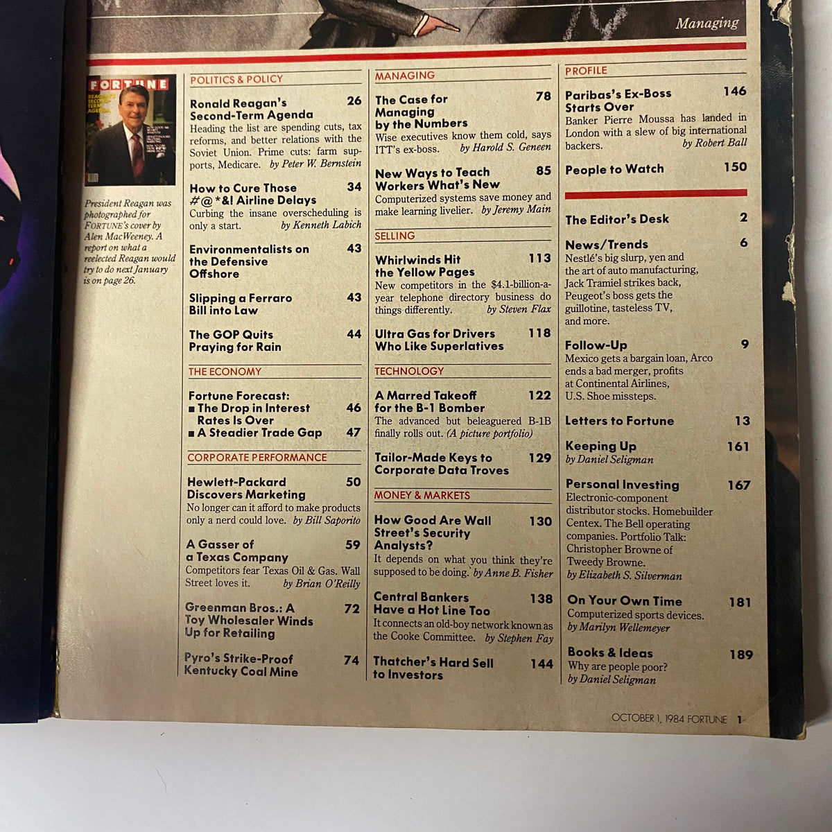 Table of contents from Fortune Magazine, October 1, 1984, highlighting articles about Reagan's policies, corporate performance, and other economic insights relevant to the time.