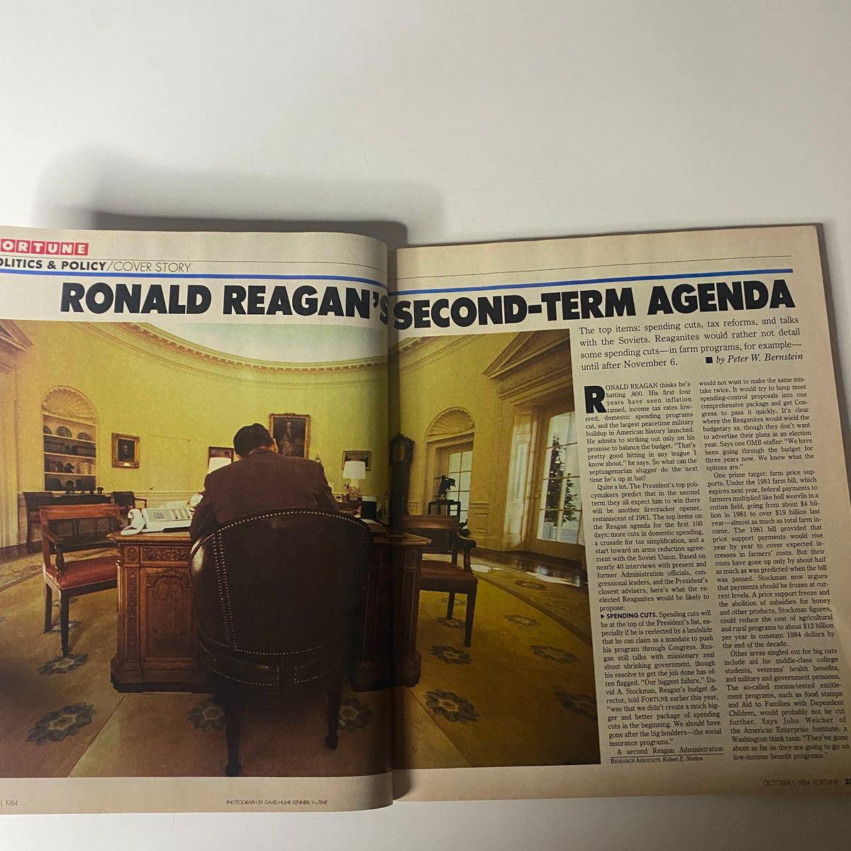 Fortune Magazine October 1, 1984 cover featuring an article on Ronald Reagan's Second-Term Agenda, showcasing a view of the Oval Office with Reagan seated at his desk.