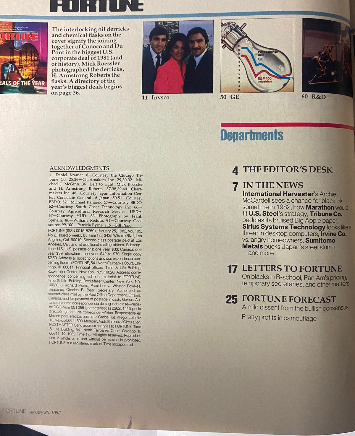 Page from Fortune Magazine, January 25, 1982, showcasing acknowledgments and references, including photographs of individuals associated with significant corporate activity.