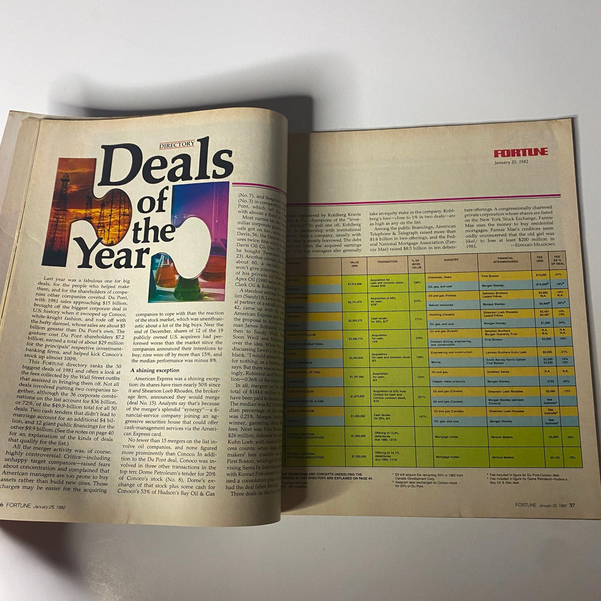Article page from Fortune Magazine, January 25, 1982, titled 'Deals of the Year', detailing major transactions in the business world.