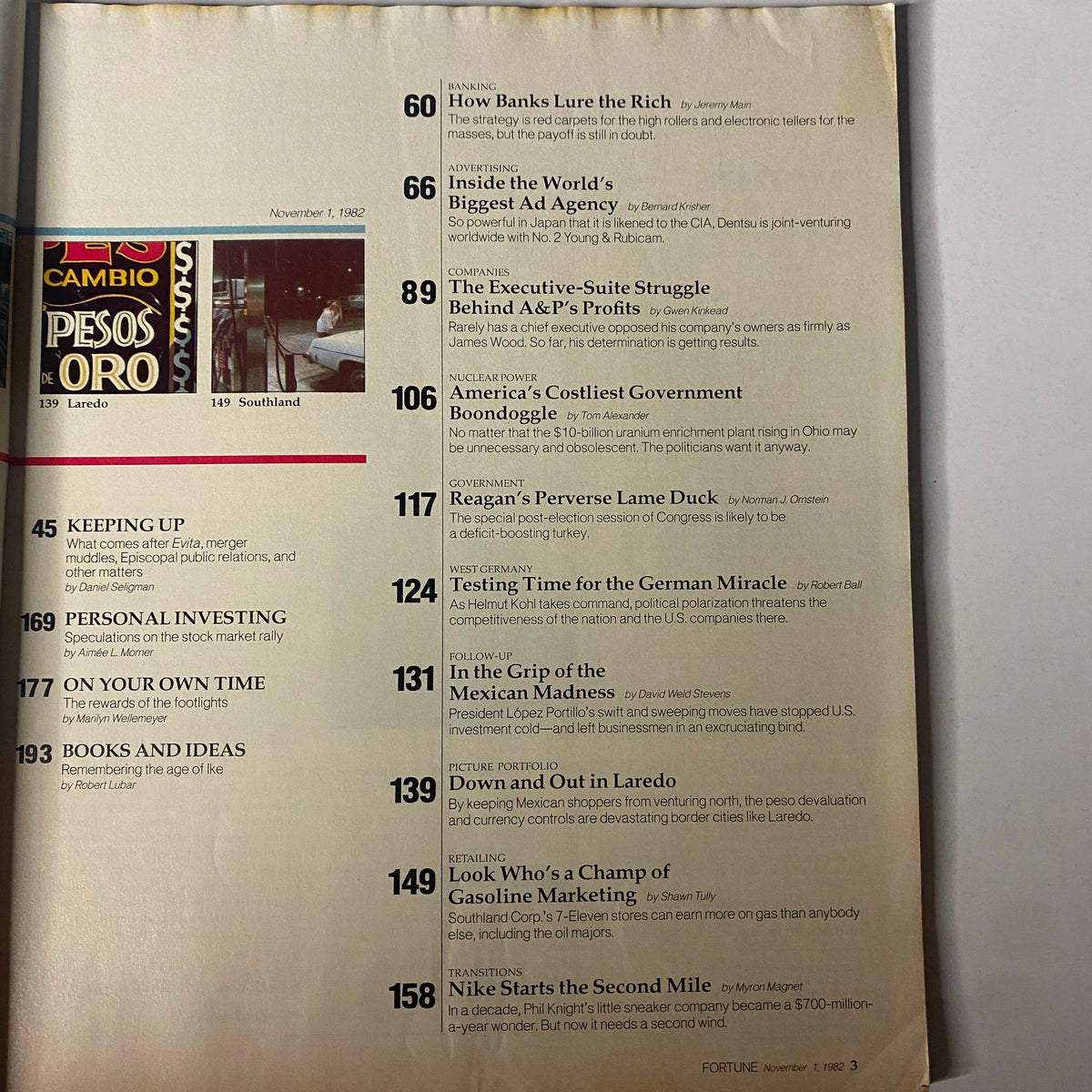Table of contents for Fortune Magazine, November 1, 1982, listing articles including 'How Banks Lure The Rich' and 'Inside the World’s Biggest Ad Agency'.