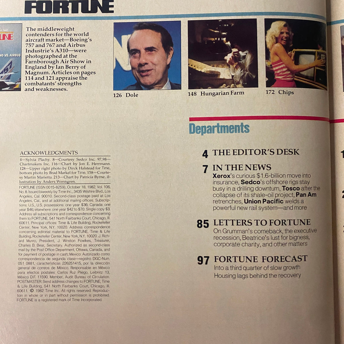 Fortune Magazine, October 18, 1982, interior page layout with department sections including features on Boeing's 757 and 767 aircraft.