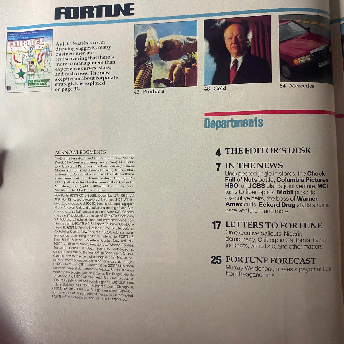 Inside page of Fortune Magazine December 27, 1982 displaying contents and editorial acknowledgments including cover art and feature topics.