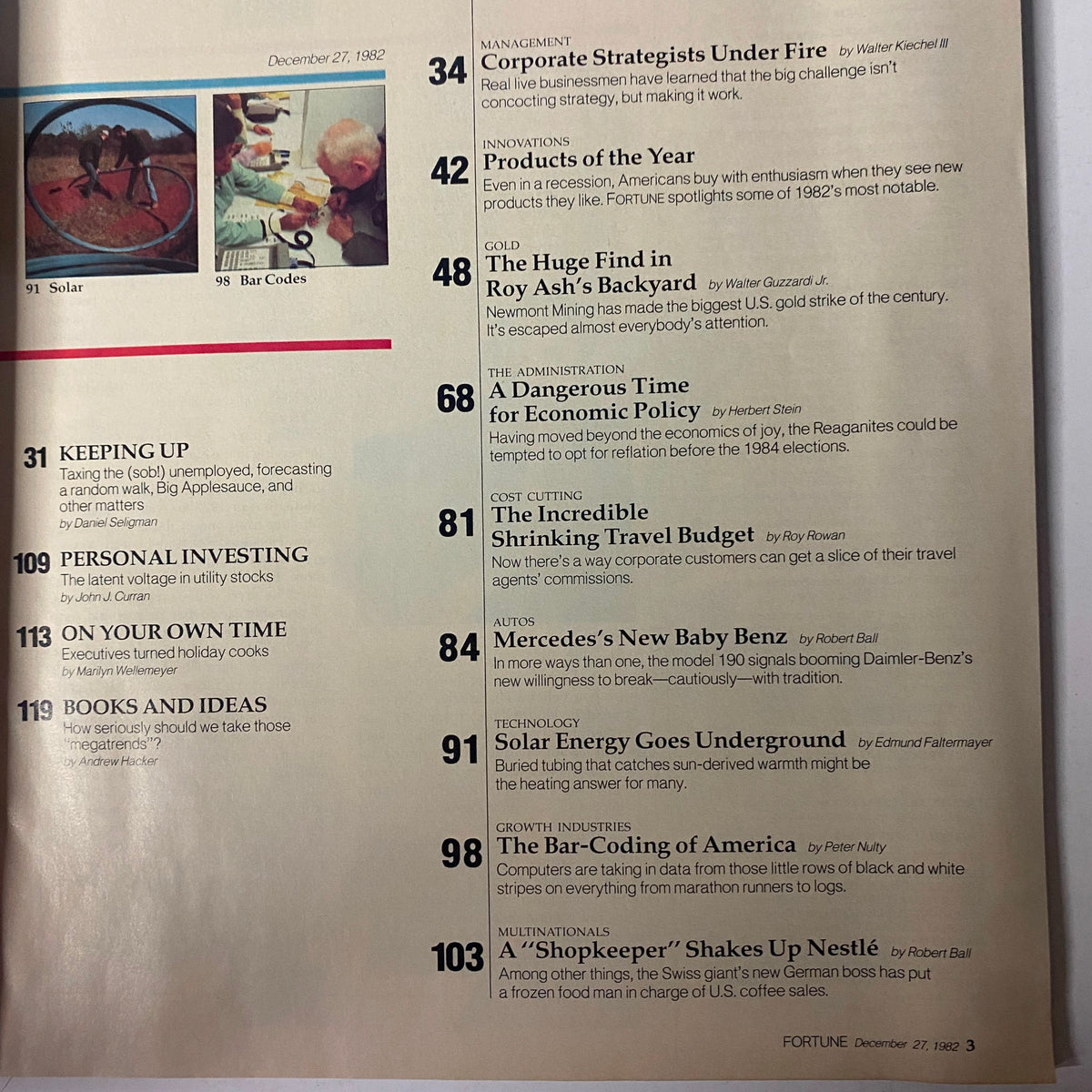 Table of contents page from Fortune Magazine December 27, 1982 highlighting significant articles like 'Corporate Strategists Under Fire' and 'The Huge Find in Roy Ash’s Backyard'.