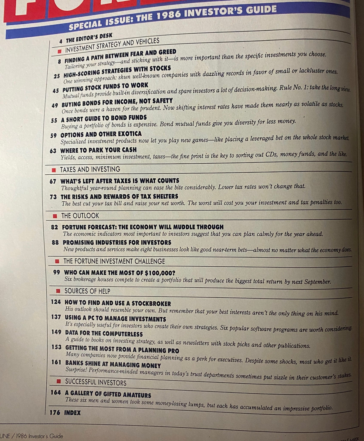 Pages from Fortune Magazine Fall 1985: The 1986 Investor's Guide Special Issue displaying the table of contents and featured articles related to investment strategies.