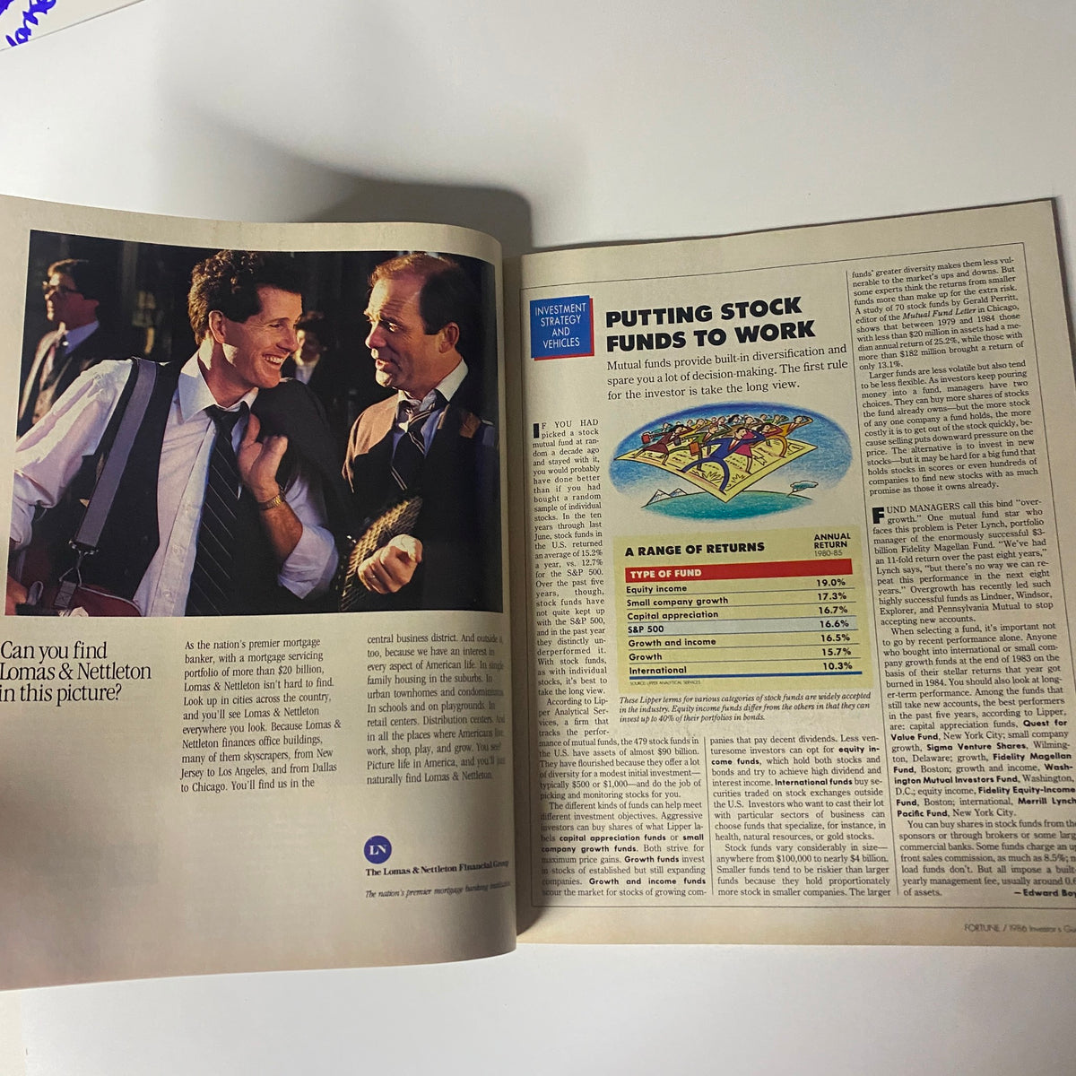 Interior spread of Fortune Magazine Fall 1985: The 1986 Investor's Guide Special Issue showing a discussion on mutual funds and stock investment with two men in business attire.