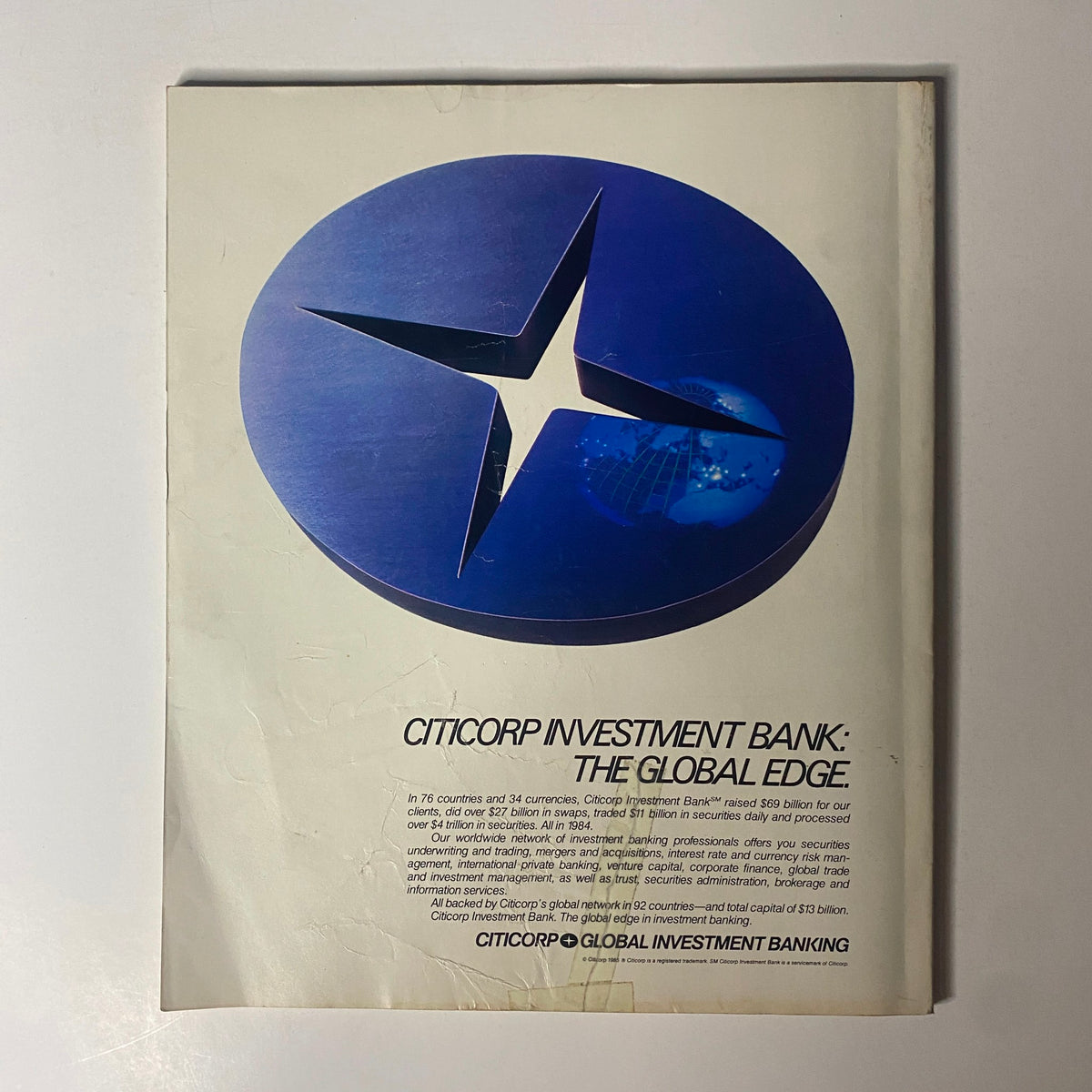 Back cover of Fortune Magazine Fall 1985: The 1986 Investor's Guide Special Issue featuring an advertisement for Citicorp Investment Bank with a sleek blue logo.