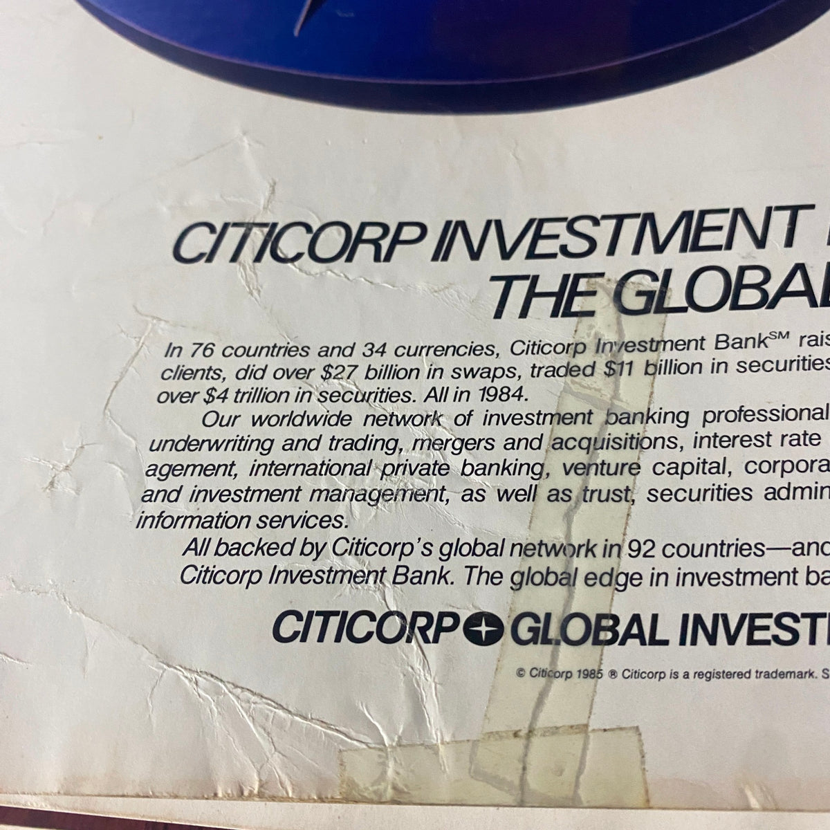 Close-up view of a page from Fortune Magazine Fall 1985: The 1986 Investor's Guide Special Issue, featuring Citicorp Investment Bank's services and financial statistics, highlighting their global investment operations and historical context.