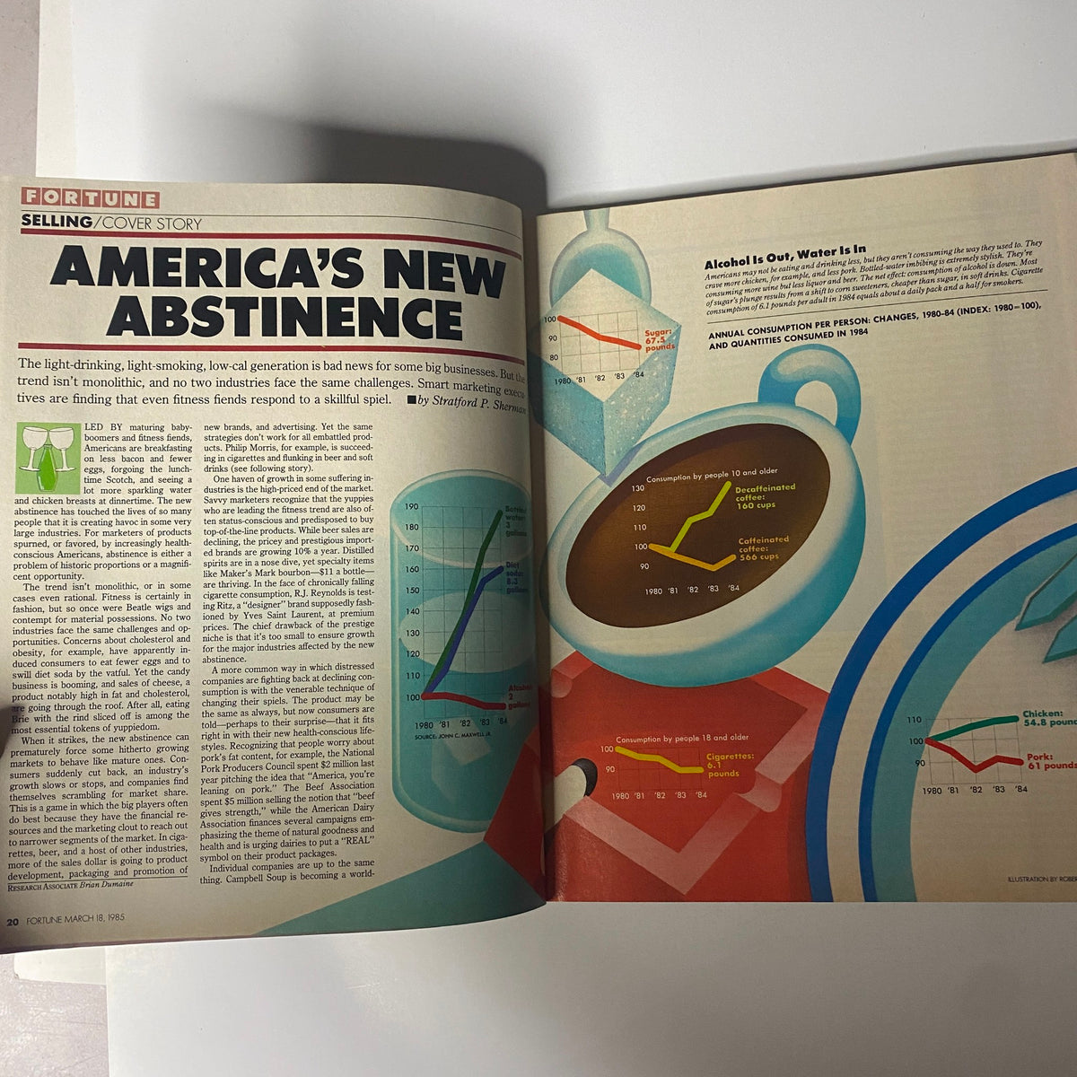 Article page from Fortune Magazine March 18, 1985, discussing the cover story America's New Abstinence, exploring trends in low-calorie consumption.