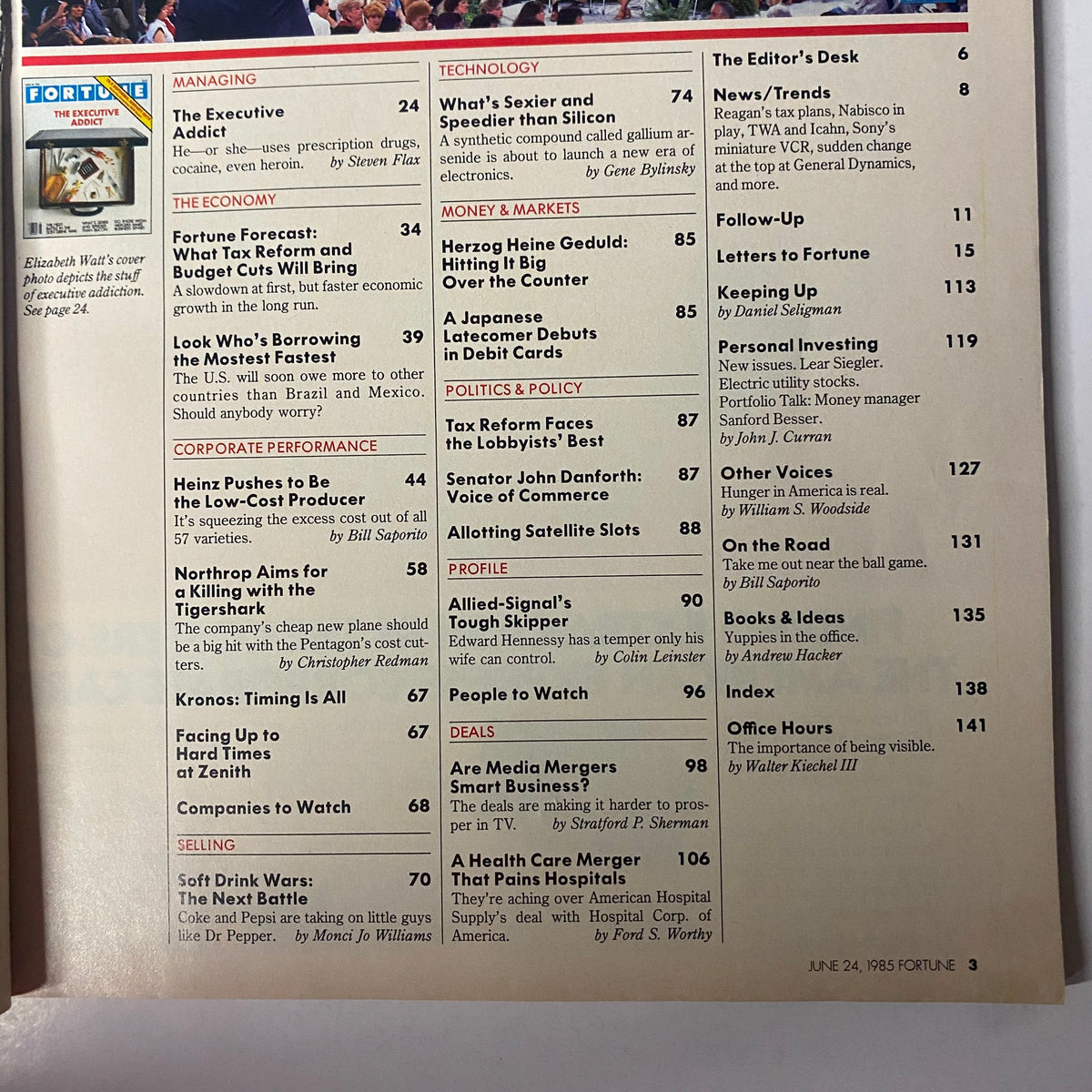 Table of contents from Fortune Magazine June 24, 1985, highlighting articles including 'The Executive Addict' and various corporate topics.