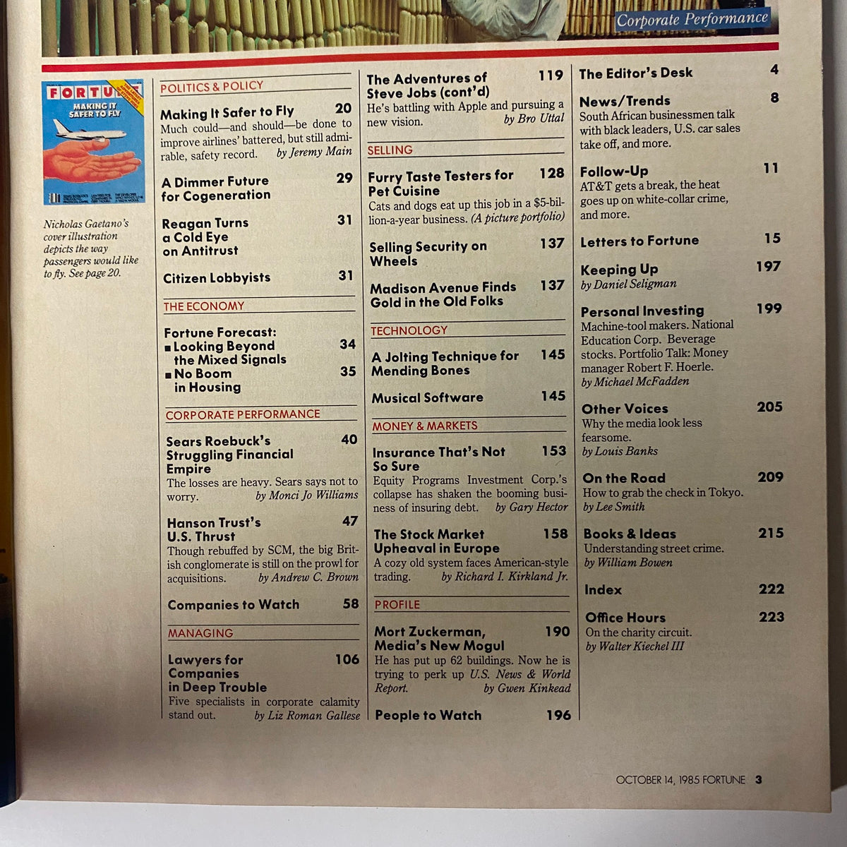 Table of contents from Fortune Magazine October 14, 1985, detailing featured articles including the cover story 'Making It Safer to Fly', reflecting on the airline industry and policy discussions.