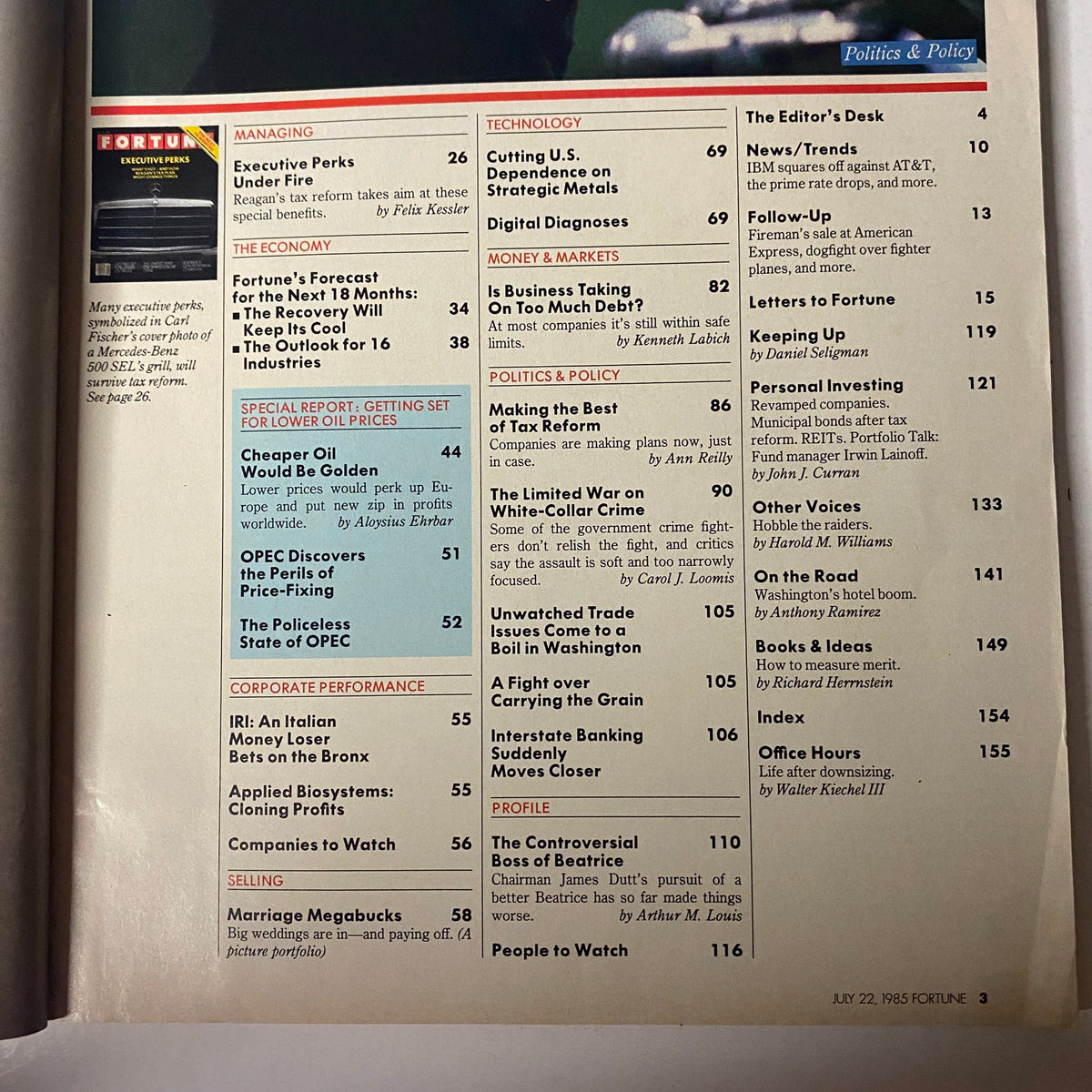 Inside page of Fortune Magazine July 22, 1985, showcasing the contents and articles, including topics on executive perks and corporate performance during the 1980s.