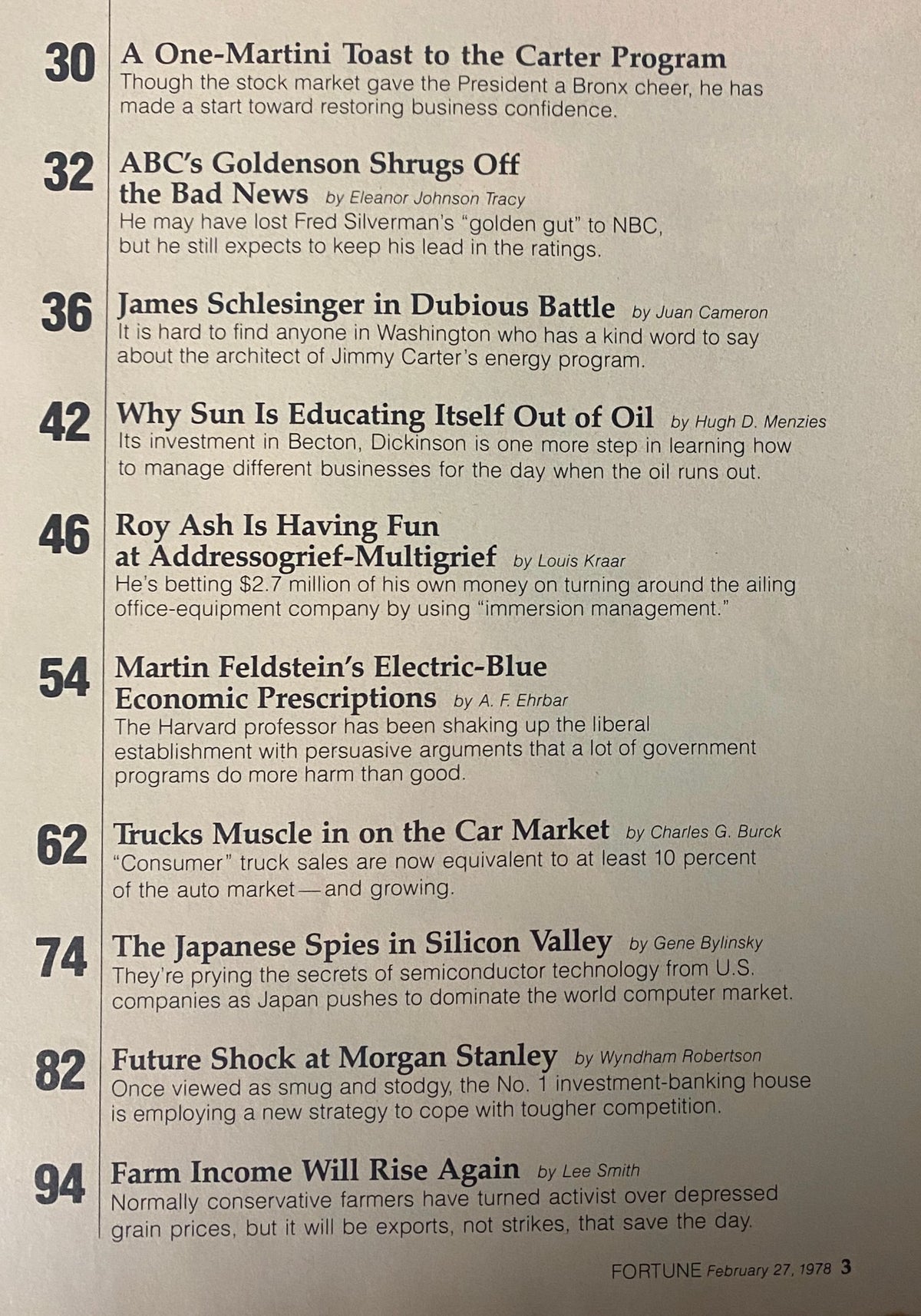 Another inside page of Fortune Magazine February 27, 1978 showing the table of contents listing various articles, including features on James Schlesinger, economic analysis, and perspectives on the 1970s business landscape.