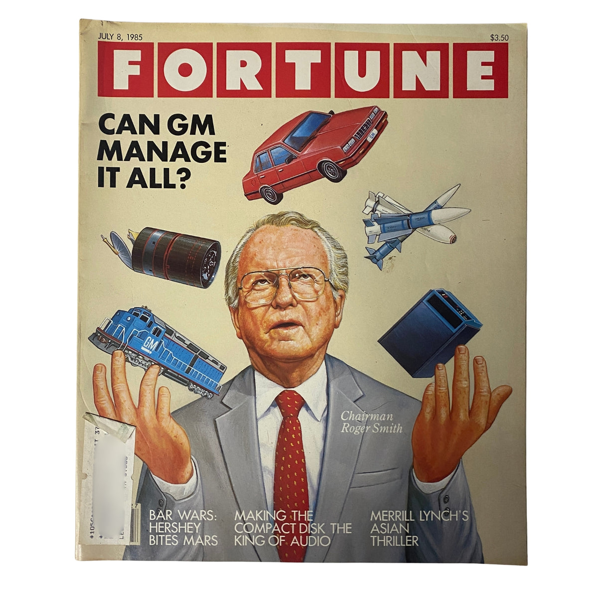 Fortune Magazine July 8, 1985 cover featuring General Motors Chairman Roger Smith, with illustrations of vehicles and technology, highlighting the article 'Can GM Manage It All?'