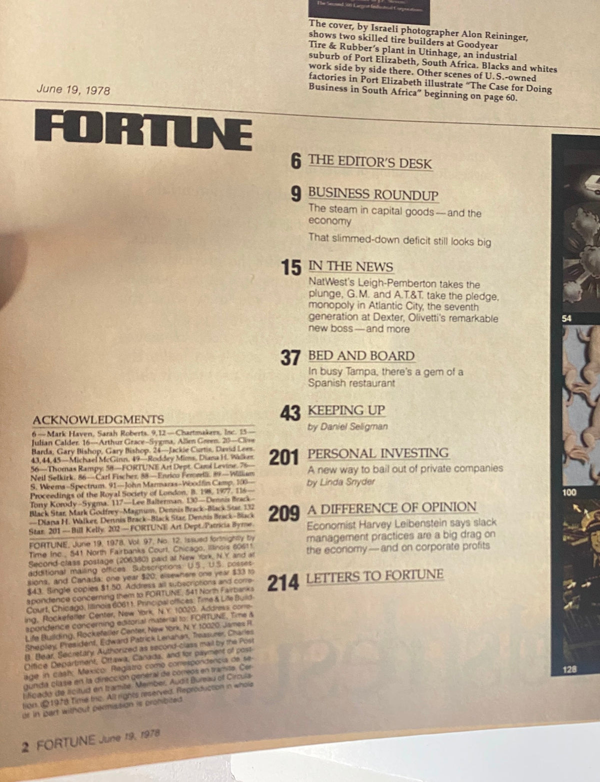 Table of Contents from Fortune Magazine, June 19, 1978, including articles on corporate news and economic trends.
