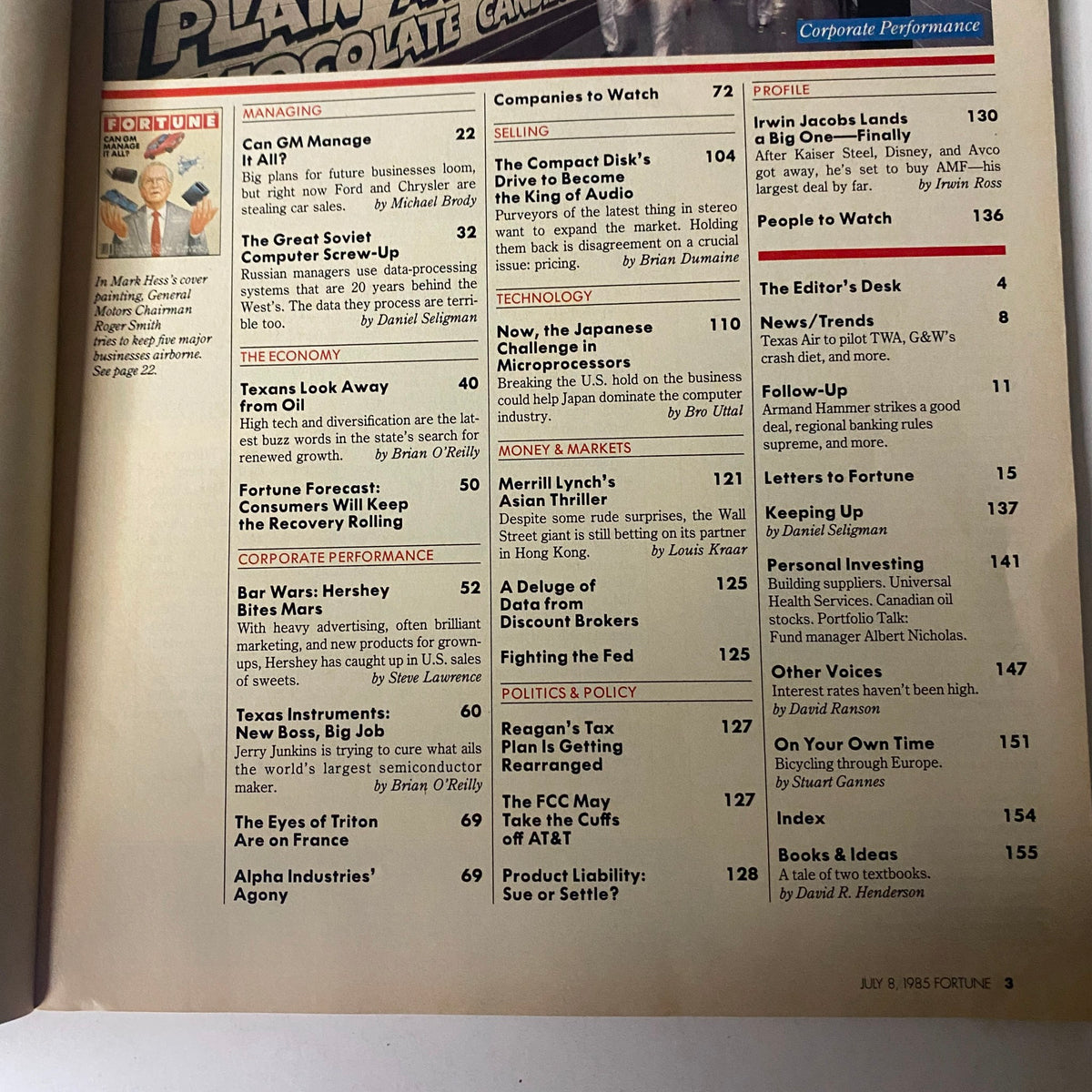 Table of contents from Fortune Magazine July 8, 1985 featuring articles on GM, Texas economy, and corporate performance.