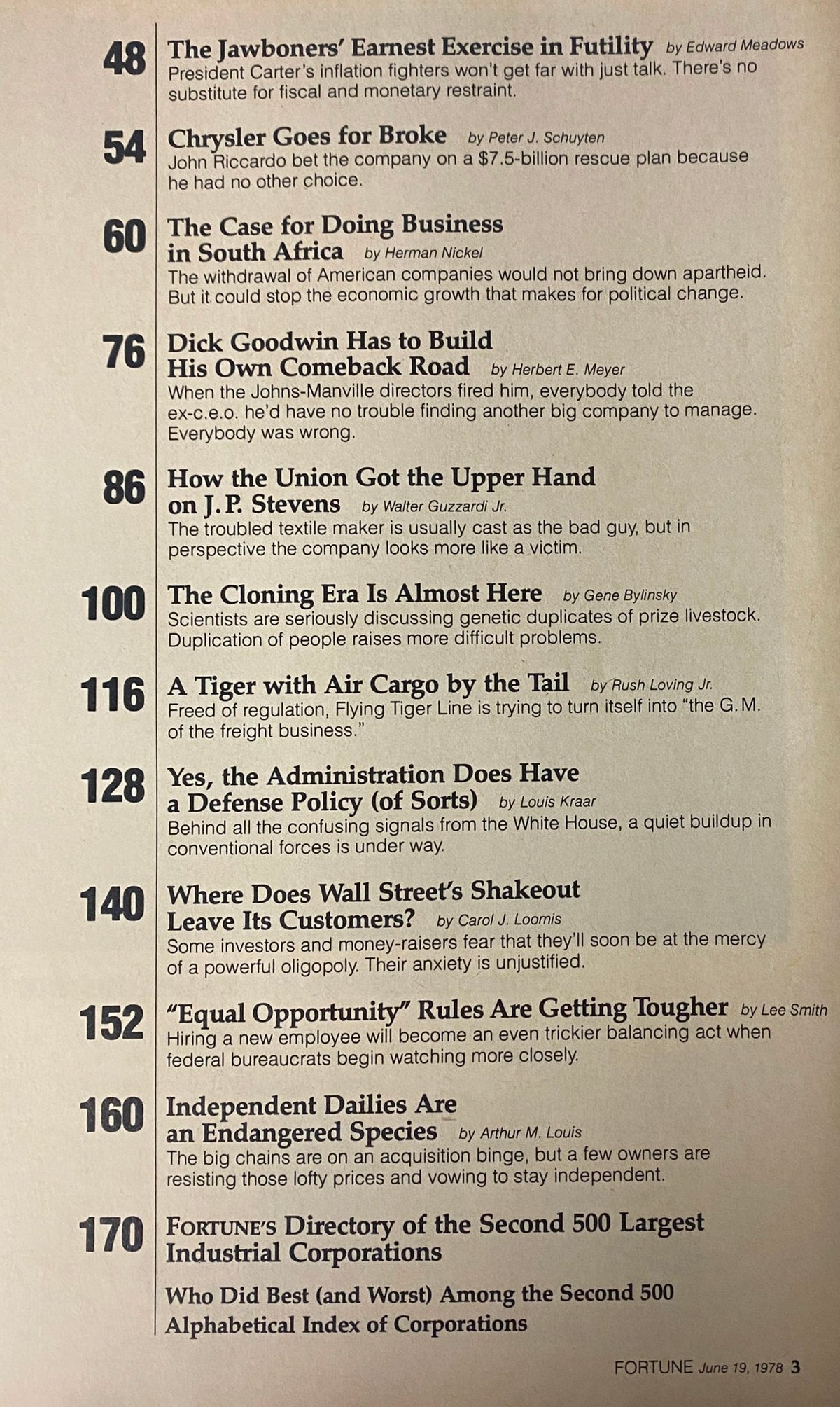 Page from Fortune Magazine, June 19, 1978, listing articles related to J.P. Stevens and business in South Africa.
