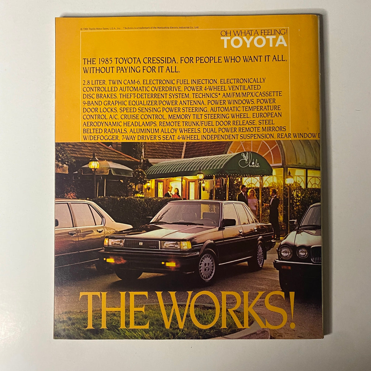 Back cover of Fortune Magazine July 8, 1985 advertising the 1985 Toyota Cressida, highlighting its features.
