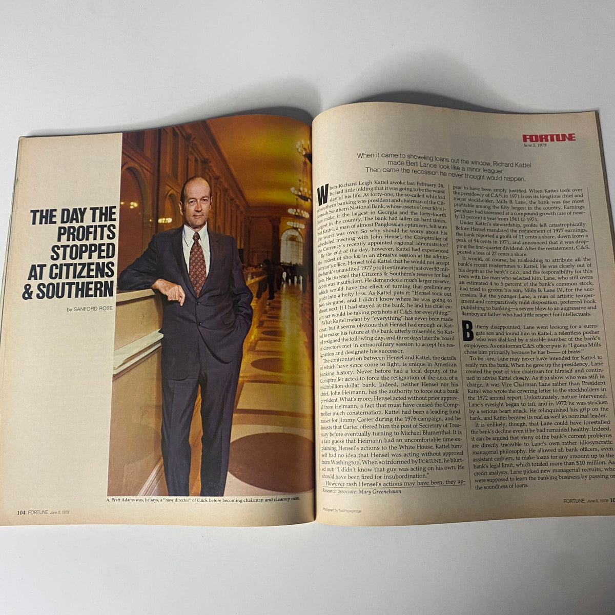 Article page from the June 5, 1978 Fortune Magazine featuring 'The Day the Profits Stopped at Citizens & Southern', with an image of Richard Kattell.
