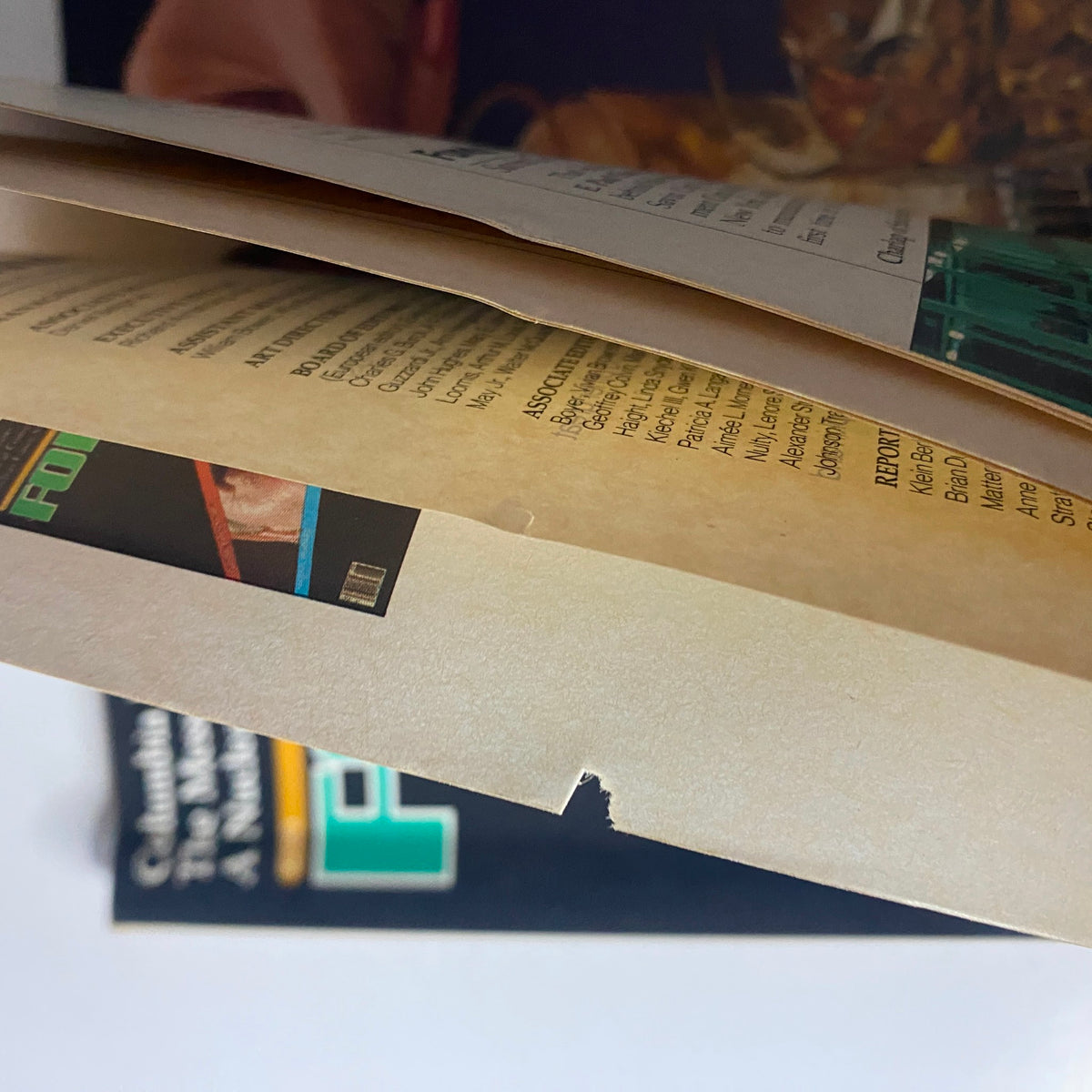 Detailed view of the back of Fortune Magazine, February 22, 1982, showcasing the worn edges, illustrating the magazine's age and collectible nature.