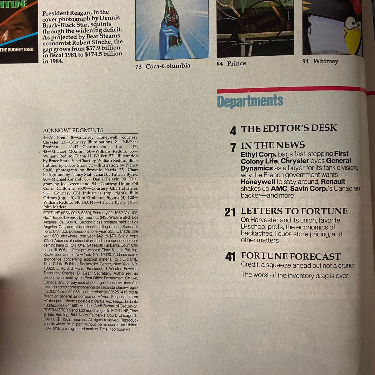 Interior page of Fortune Magazine, February 22, 1982, including acknowledgments and details about influential economic articles, connecting to the theme 'Ronald Reagan, The Budget Bind'.