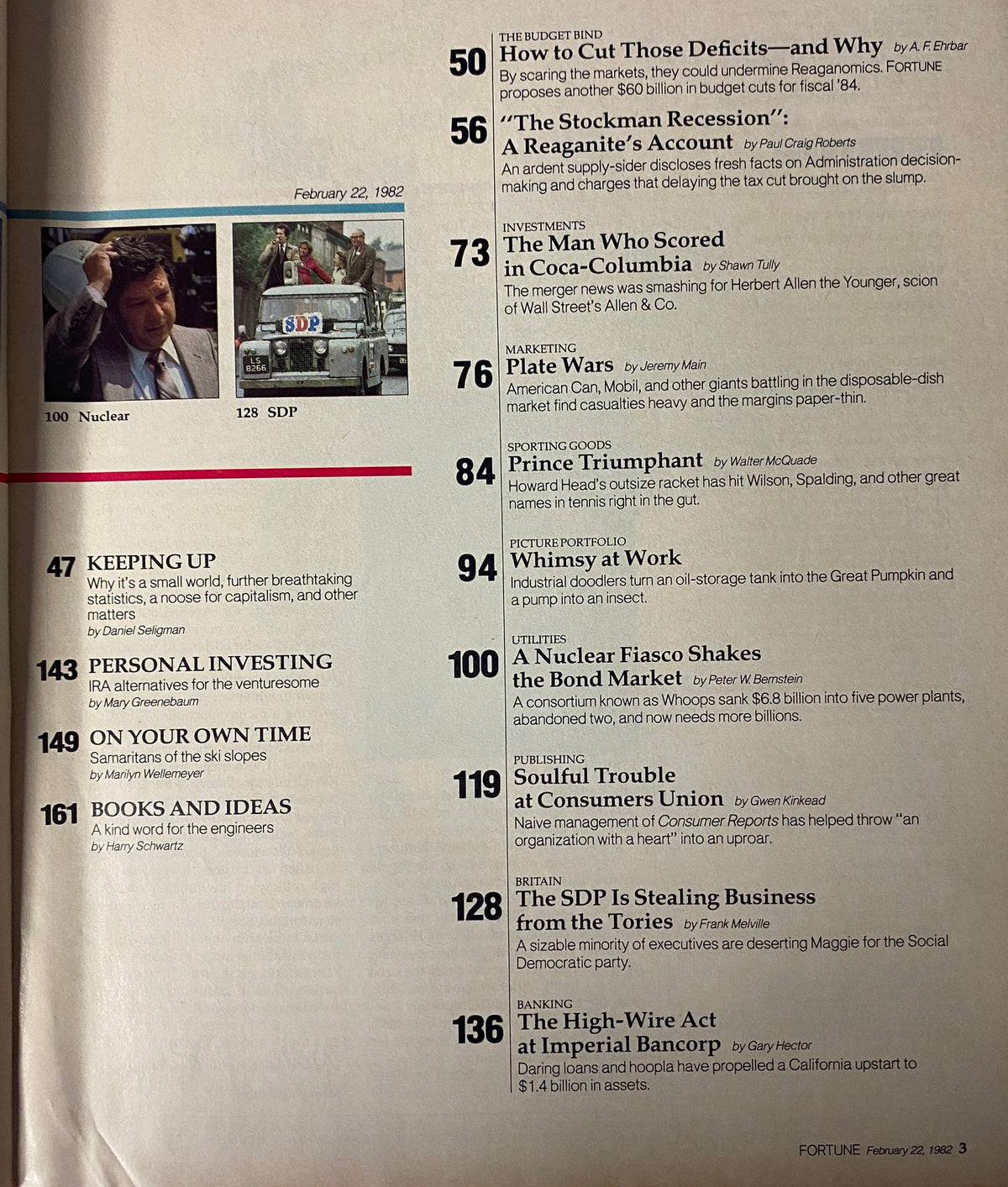 Another page from Fortune Magazine, February 22, 1982, displaying article titles and themes relevant to budget and economic discussions during Ronald Reagan's administration.