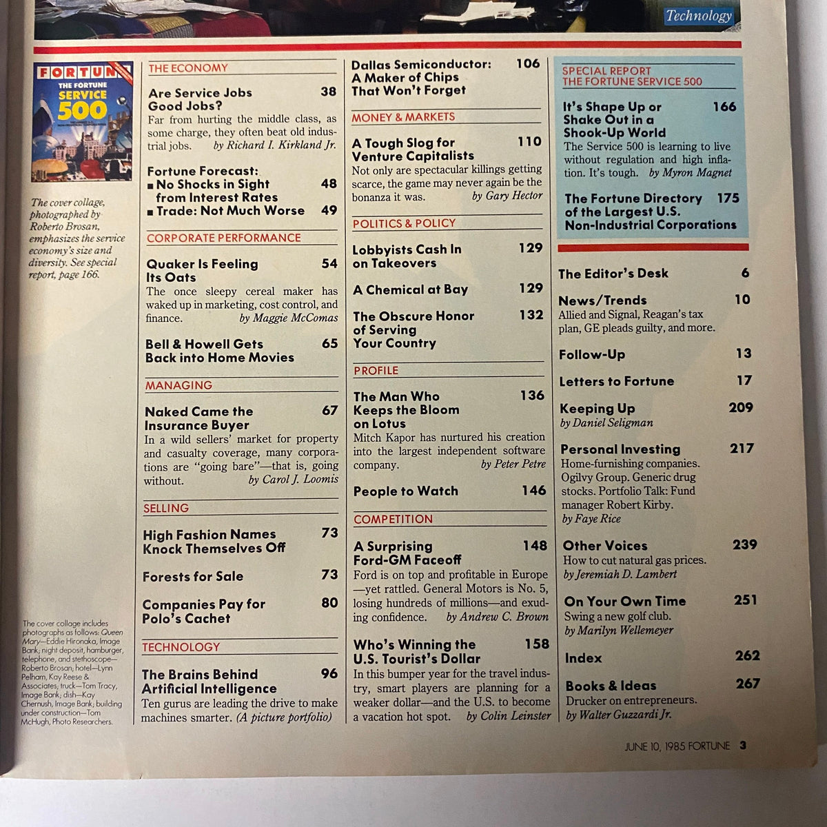 Contents page of Fortune Magazine June 10, 1985, detailing articles on service jobs, corporate performance, and key topics in the largest U.S. non-industrial corporations.
