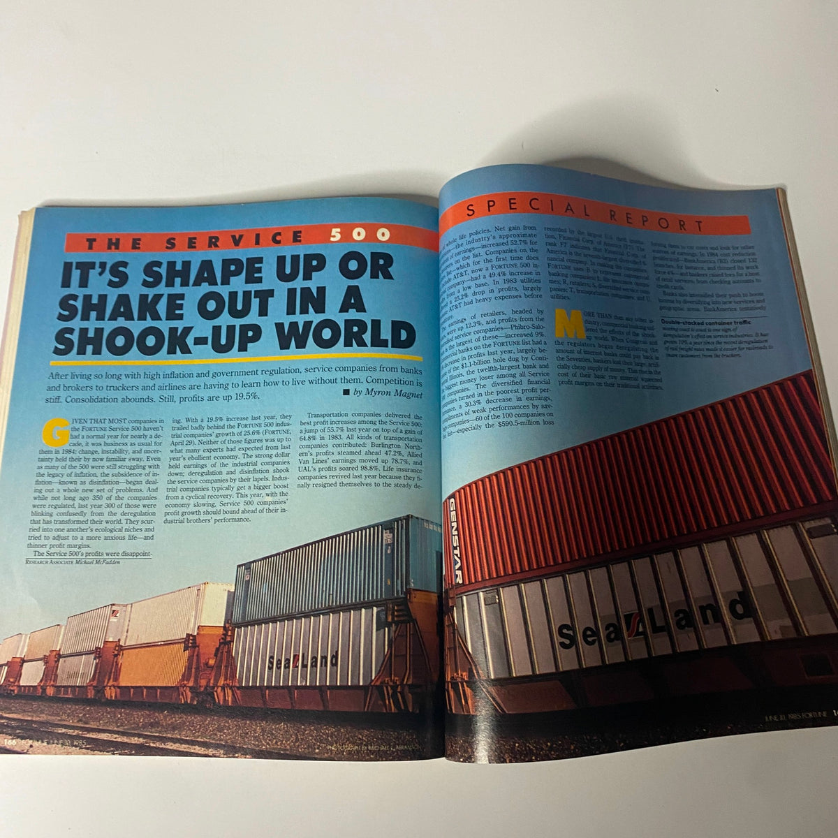 Inside page of Fortune Magazine from June 10, 1985, featuring a special report titled 'It's Shape Up or Shake Out in a Shook-Up World', discussing the dynamics of service companies in the U.S. economy.