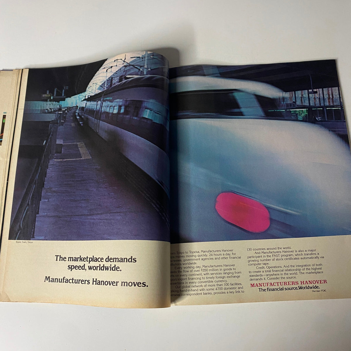 Advertisement inside Fortune Magazine, February 22, 1982, promoting Manufacturers Hanover, linking to global market trends and the financial environment during Ronald Reagan's presidency.