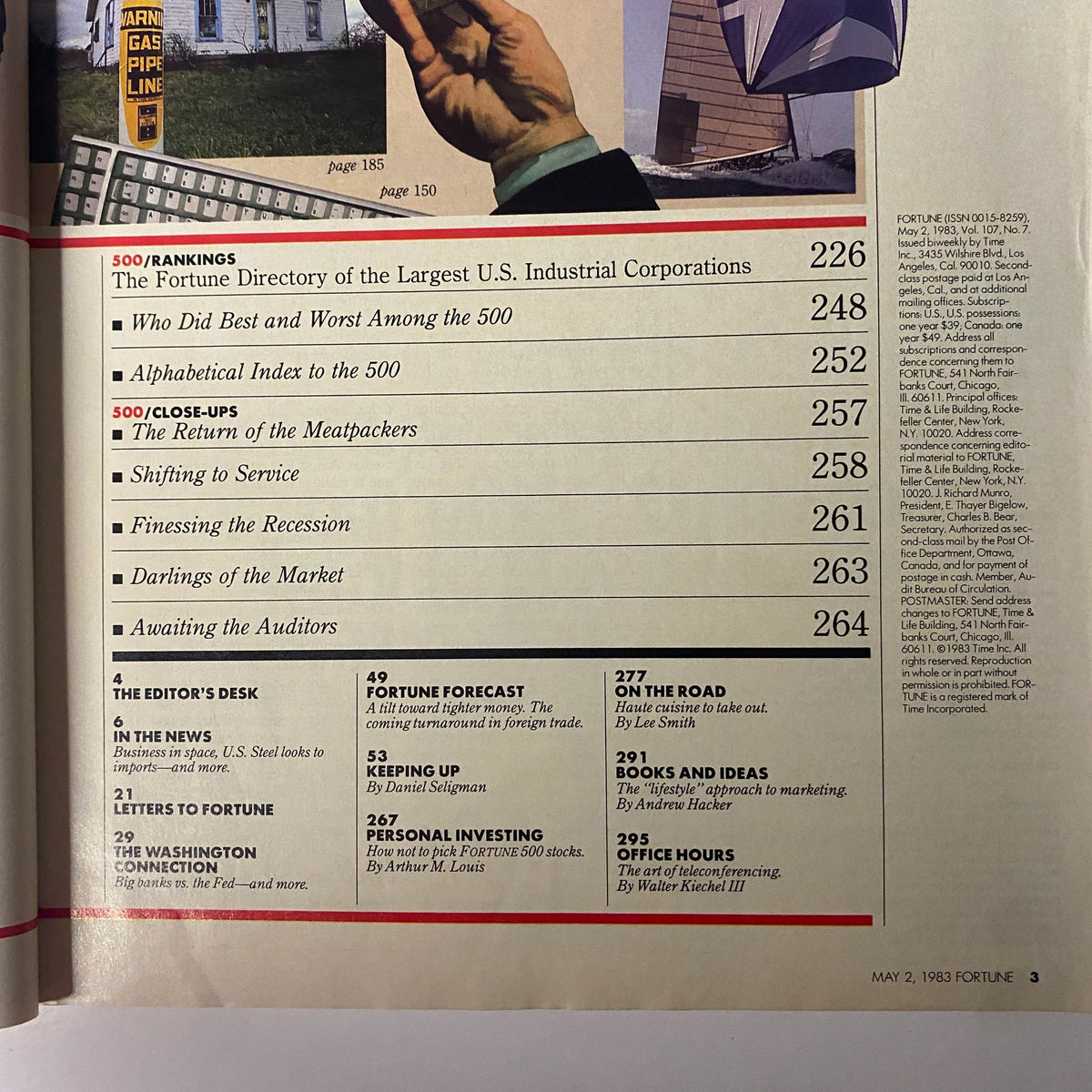 Page from Fortune Magazine May 2, 1983, listing rankings of the largest U.S. industrial corporations along with various categories and featured articles.