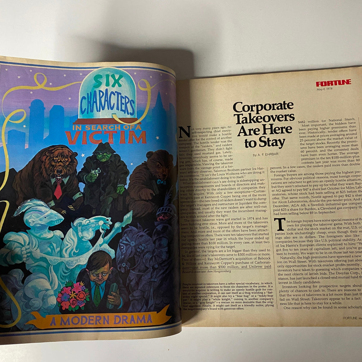 Illustration from Fortune Magazine May 8, 1978 titled 'Six Characters in Search of a Victim,' discussing corporate takeovers and economic themes.
