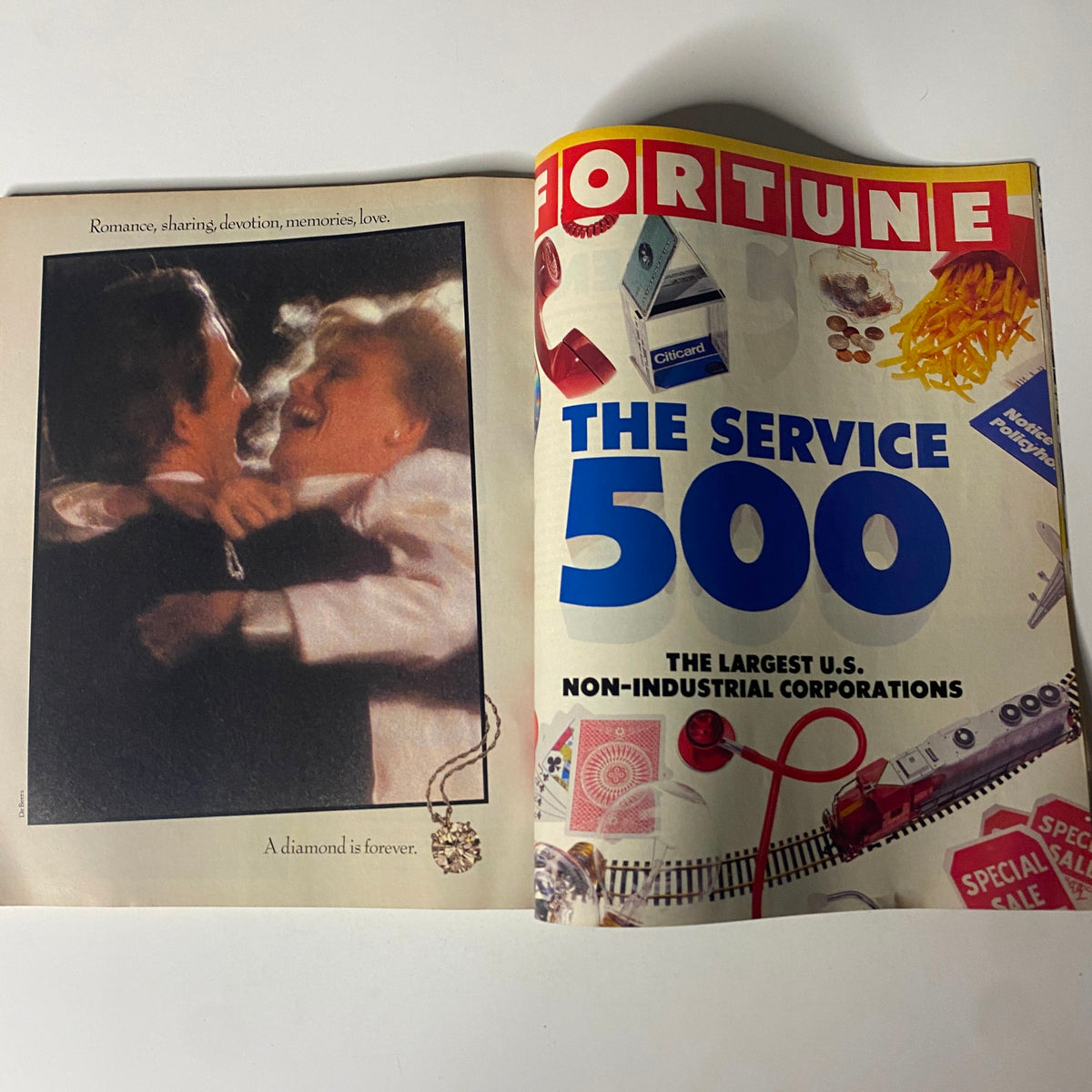 Inside spread of Fortune Magazine June 8, 1987, showcasing the cover and an advertisement juxtaposed with the theme of the service sector's impact.