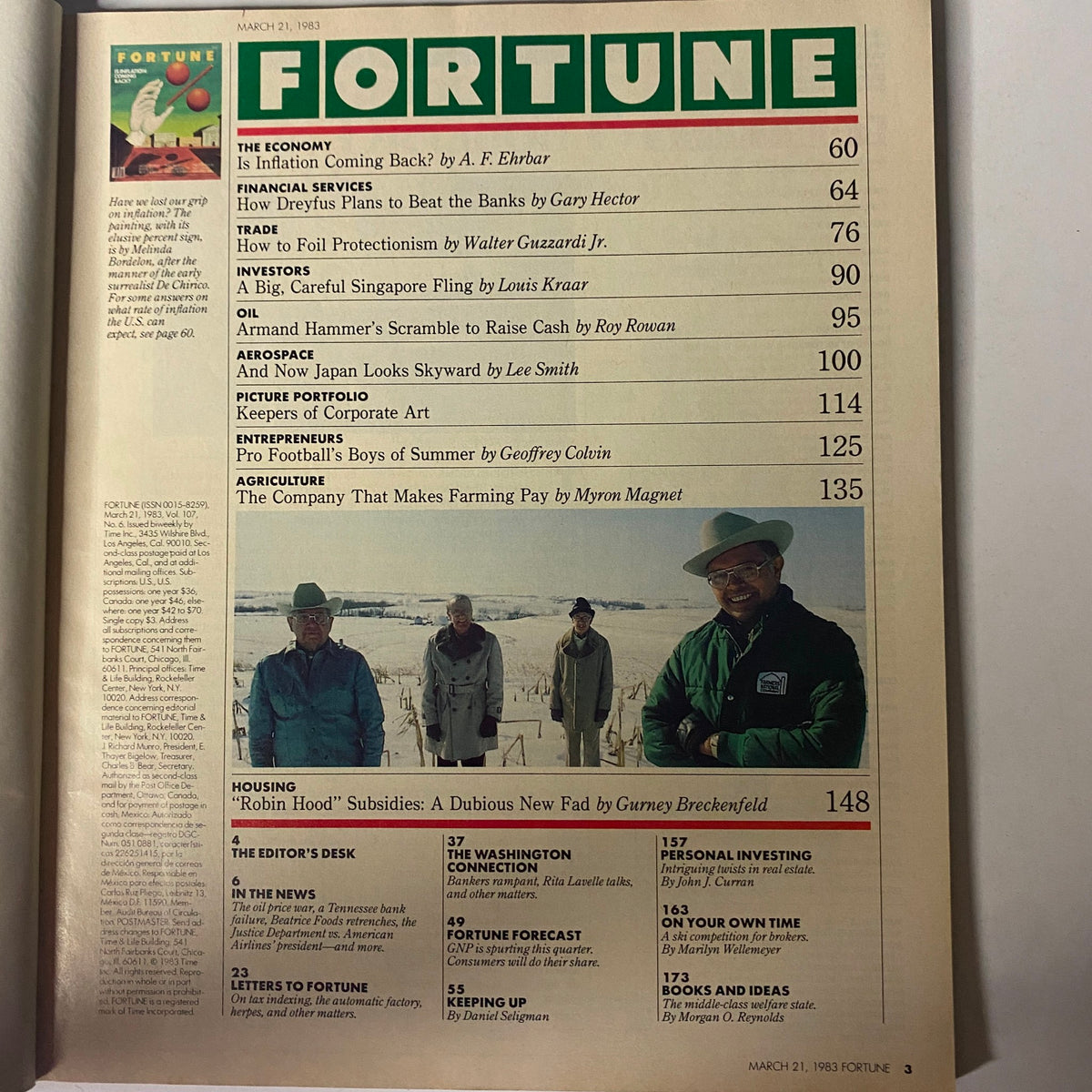 Table of contents from Fortune Magazine March 21, 1983, listing articles including 'Is Inflation Coming Back?' and features on economic topics and investment strategies.