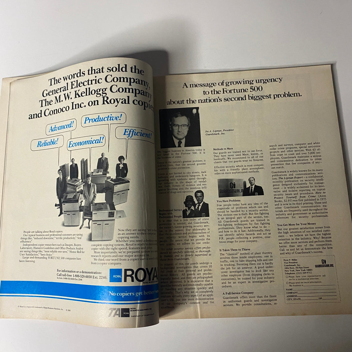 Advertorial page from Fortune Magazine June 13, 1983 discussing the advantages of Royal copiers for Fortune 500 companies.