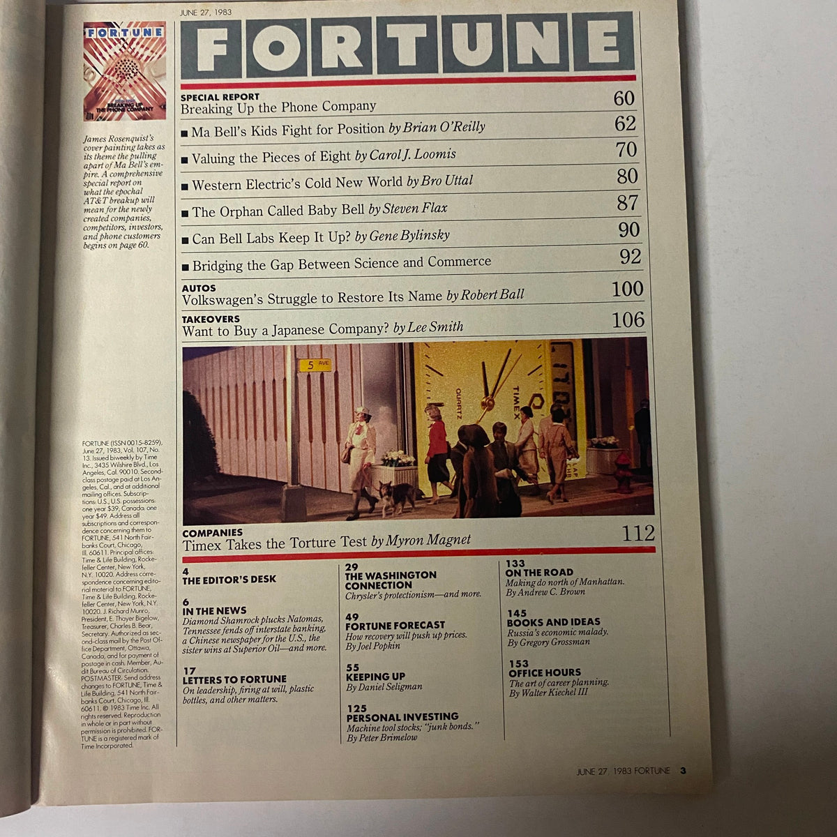 Fortune Magazine June 27, 1983 cover featuring 'Breaking Up The Phone Company', with article list including special reports and impactful articles.