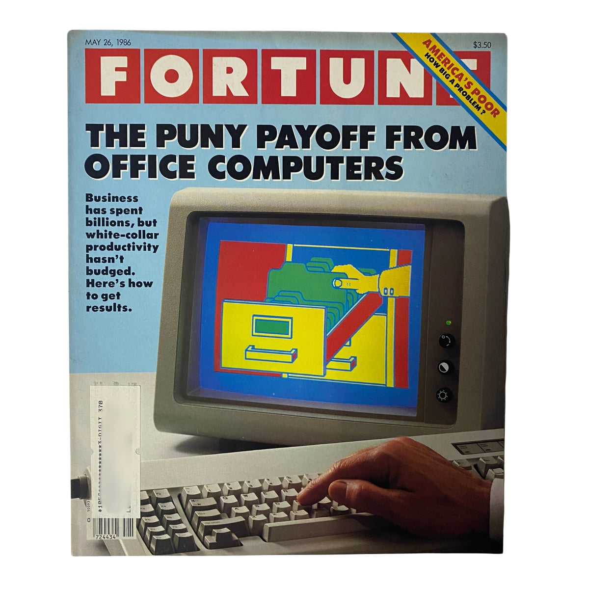 Cover of Fortune Magazine dated May 26, 1986, featuring the headline 'The Puny Payoff From Office Computers' with an illustration of a computer and keyboard.