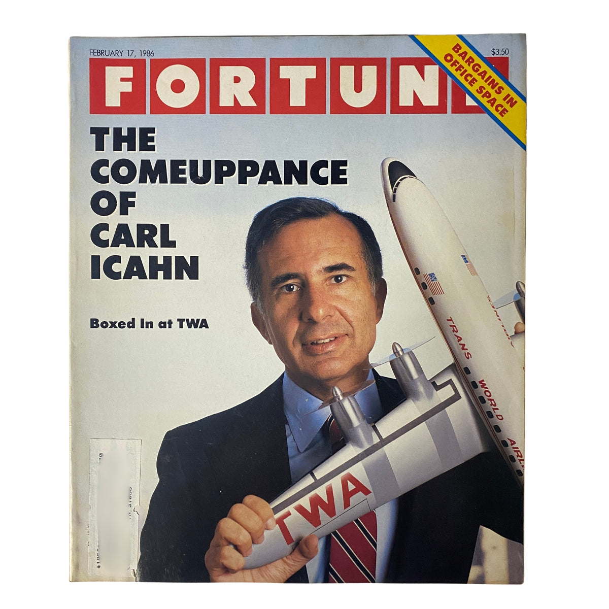 Fortune Magazine cover from February 17, 1986, featuring the headline 'The Comeuppance of Carl Icahn' with a photo of Carl Icahn holding a model airplane representing Trans World Airlines (TWA).