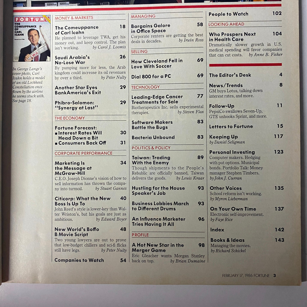Table of contents page from Fortune Magazine February 17, 1986 featuring articles on Carl Icahn and economic forecasts.