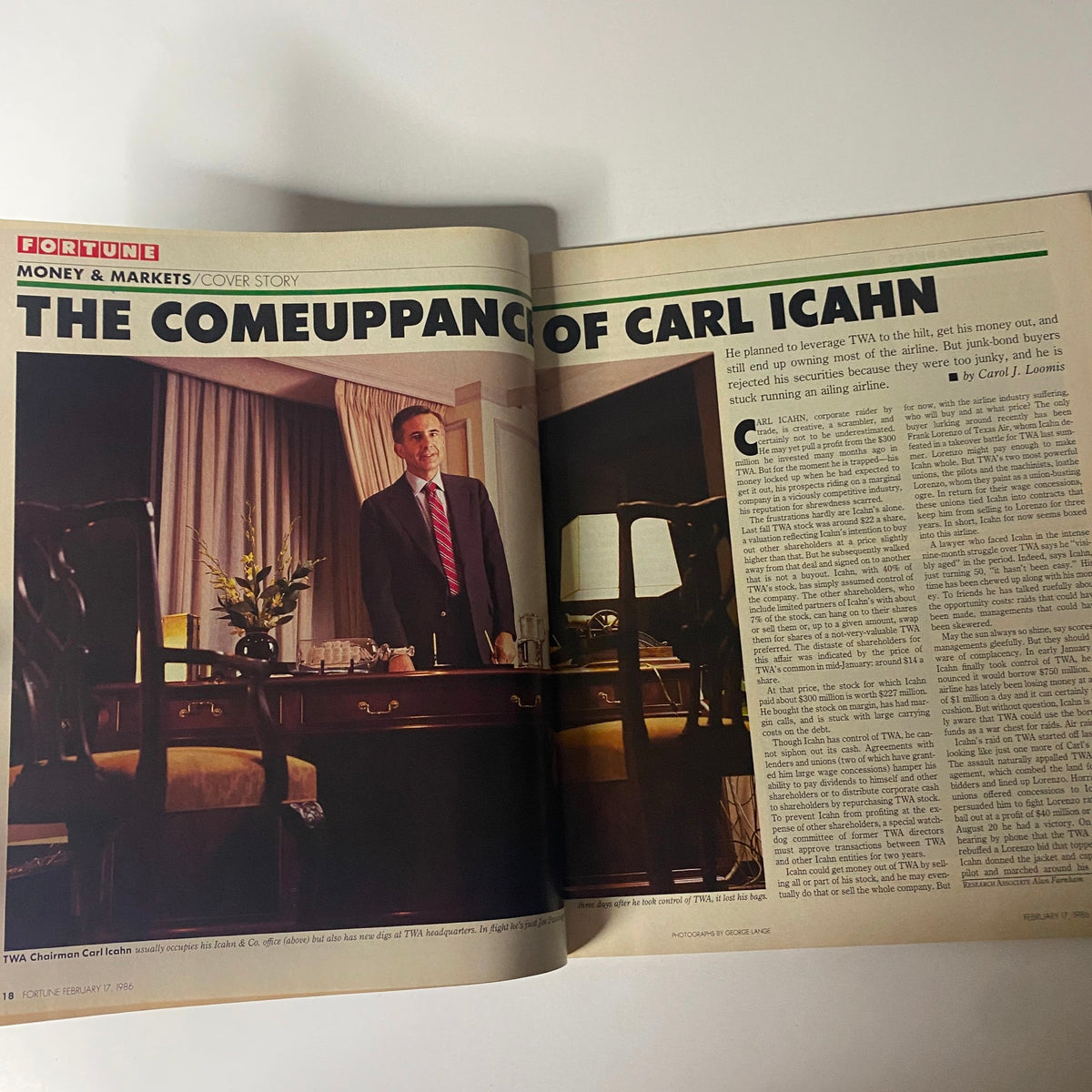 Feature article titled 'The Comeuppance of Carl Icahn' from Fortune Magazine February 17, 1986, highlighting the corporate challenges faced by Icahn.
