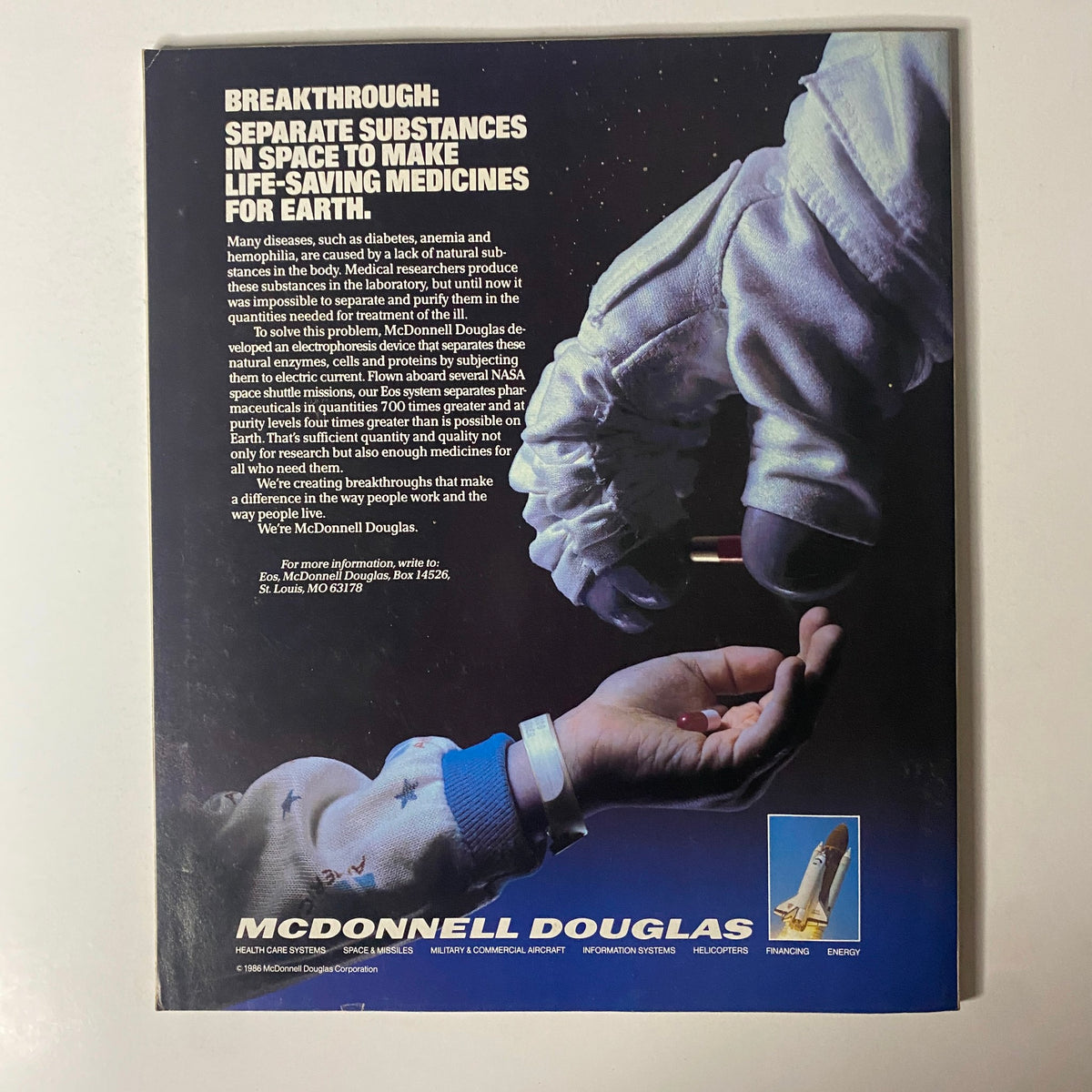 Back cover of Fortune Magazine February 17, 1986, showcasing an advertisement for McDonnell Douglas highlighting breakthroughs in space technologies.