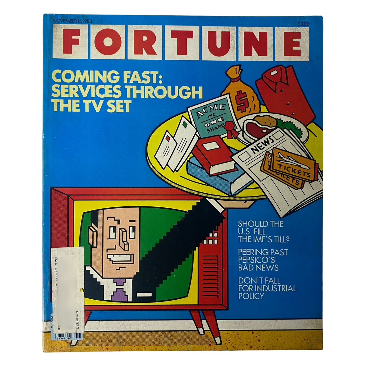 Fortune Magazine Cover for November 14, 1983 featuring the article 'Coming Fast: Services Through The TV Set' with an illustration of a television displaying a businessman's face, surrounded by various items symbolizing services and commerce.