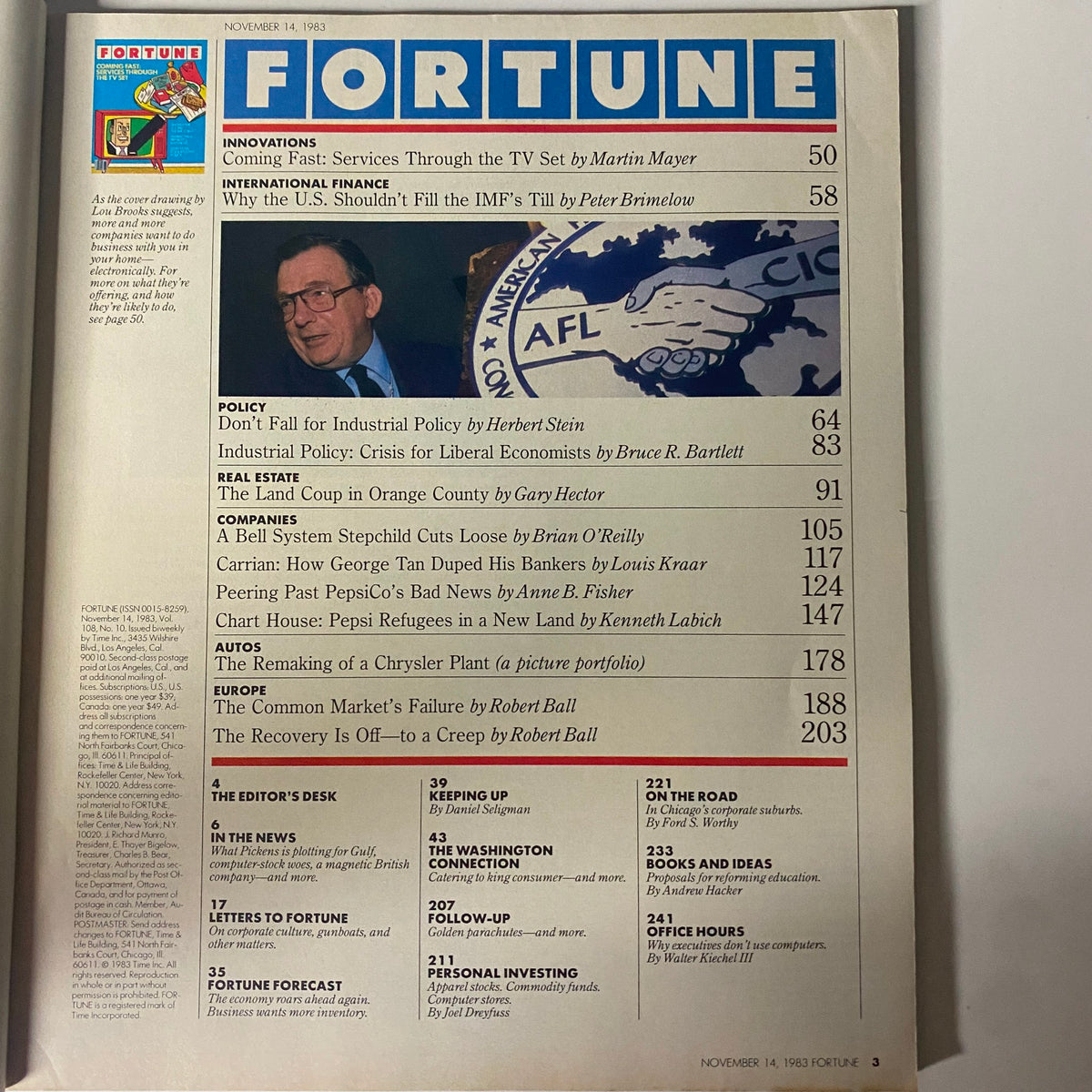 Table of contents for Fortune Magazine dated November 14, 1983, listing articles including 'Coming Fast: Services Through The TV Set' and discussions on international finance and economic policies.