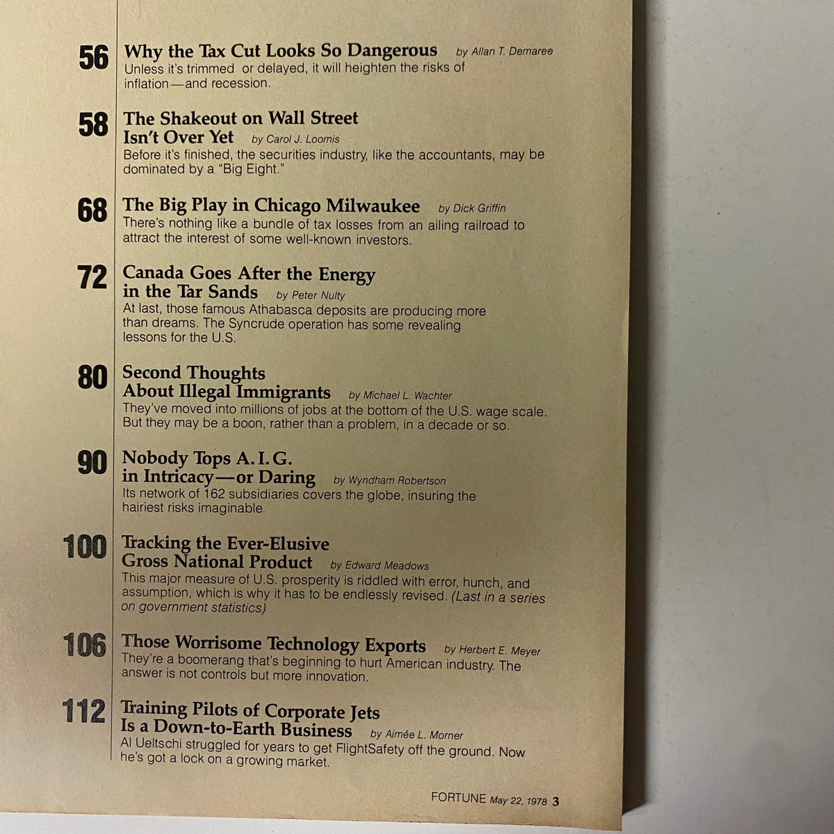 Contents page of Fortune Magazine, May 22, 1978, listing articles like 'The Shakeout on Wall Street' and 'Canada Goes After the Energy in the Tar Sands'.