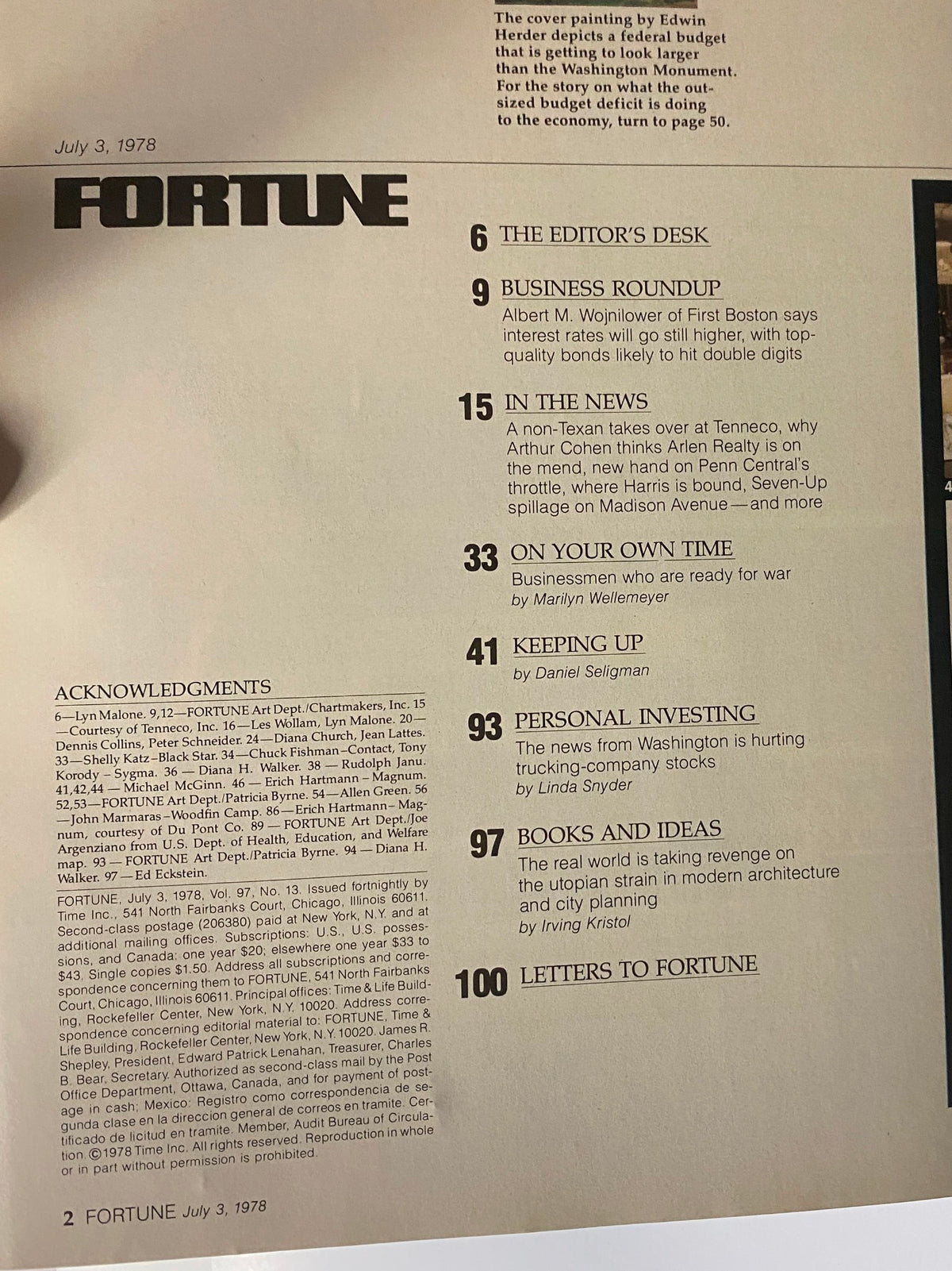 Table of contents from the July 3, 1978 issue of Fortune Magazine, outlining key articles including 'Business Roundup' and 'Letters to Fortune,' under the title 'The Scariest Thing in Washington'.