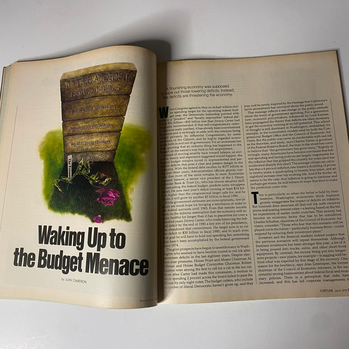 Fortune Magazine July 3, 1978, featuring the article 'Waking Up to the Budget Menace' with a visual of tombstone-like figures representing federal deficits.