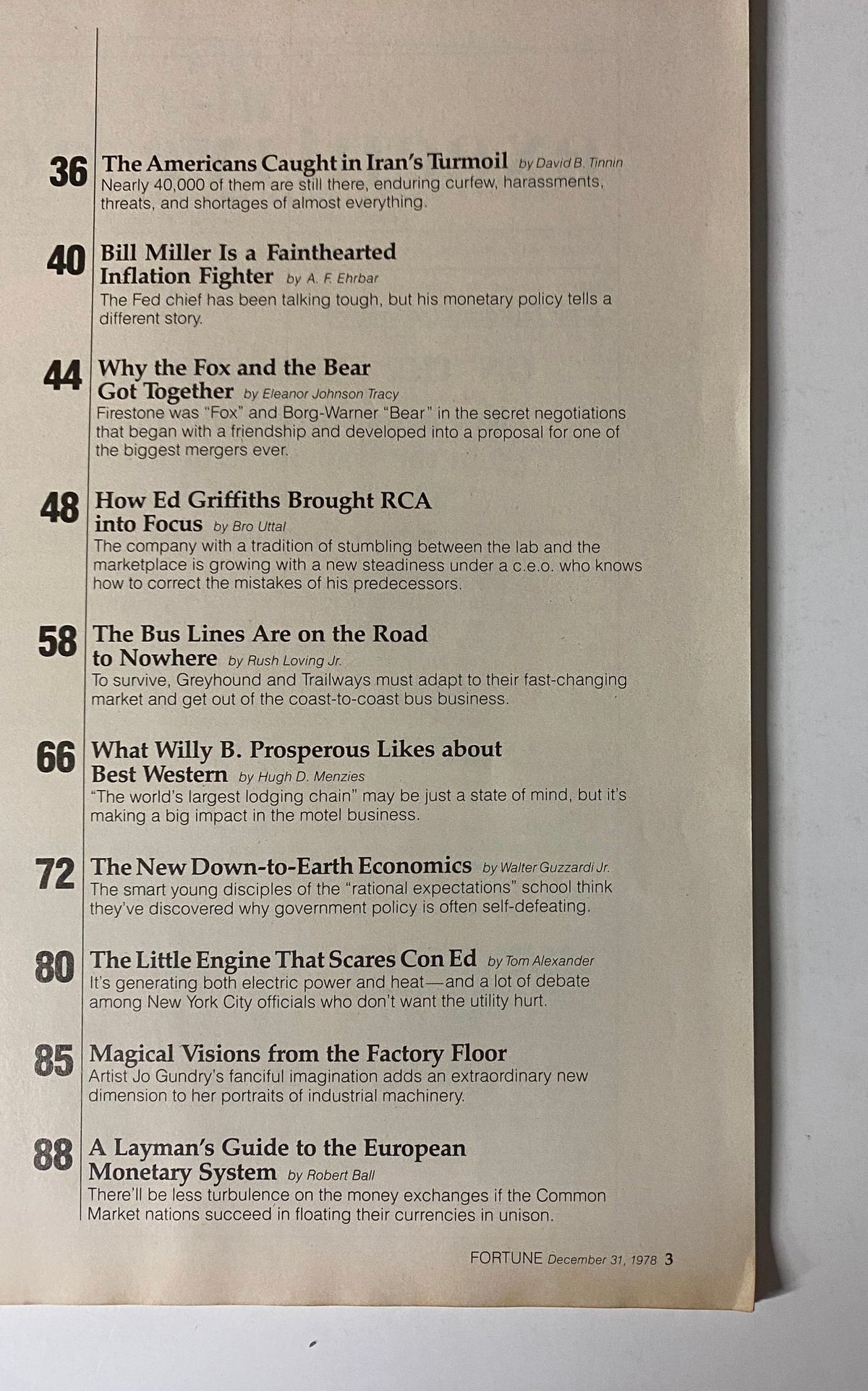 Page from Fortune Magazine, December 31, 1978, highlighting articles on corporate dynamics and economic challenges.