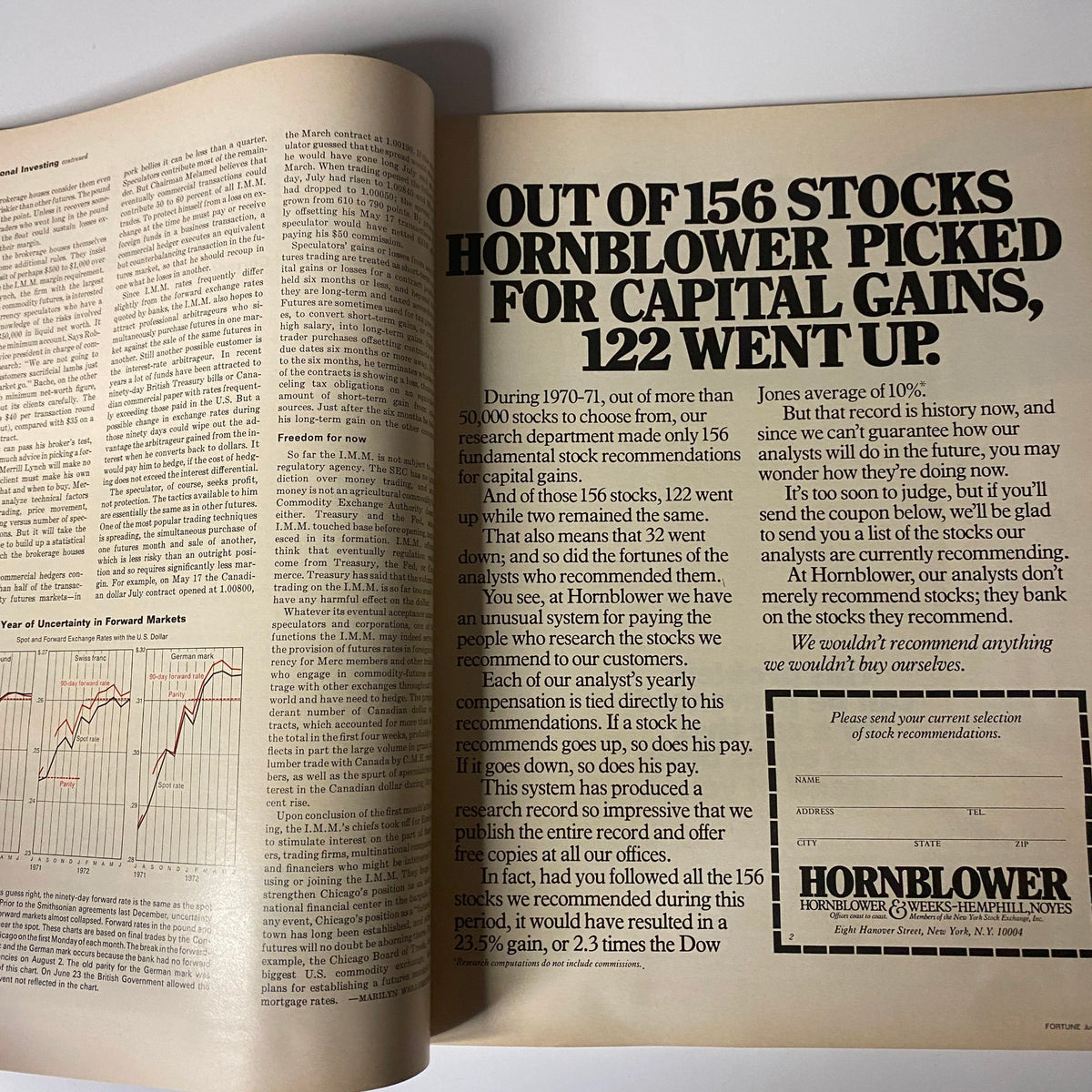 Inside page of Fortune Magazine July 1972 showcasing investment analysis and stock recommendations emphasizing financial insights from the era.