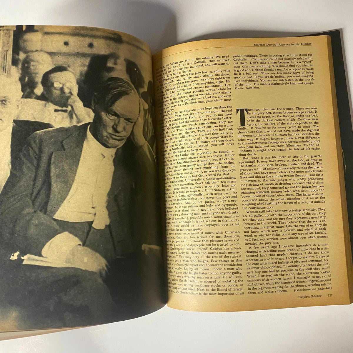 An interior page from Esquire Magazine October 1973 featuring an article by Clarence Darrow, highlighting themes of justice.